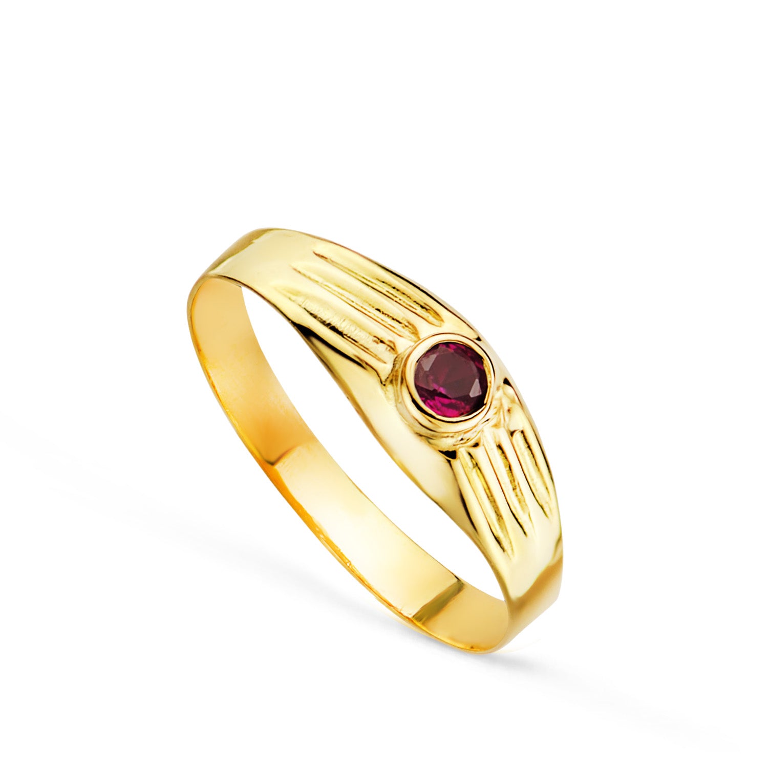 18K Solitario Oro Amarillo Hueco de Bebe O Meñique Circonita Roja 3MM Yanal Galloneado