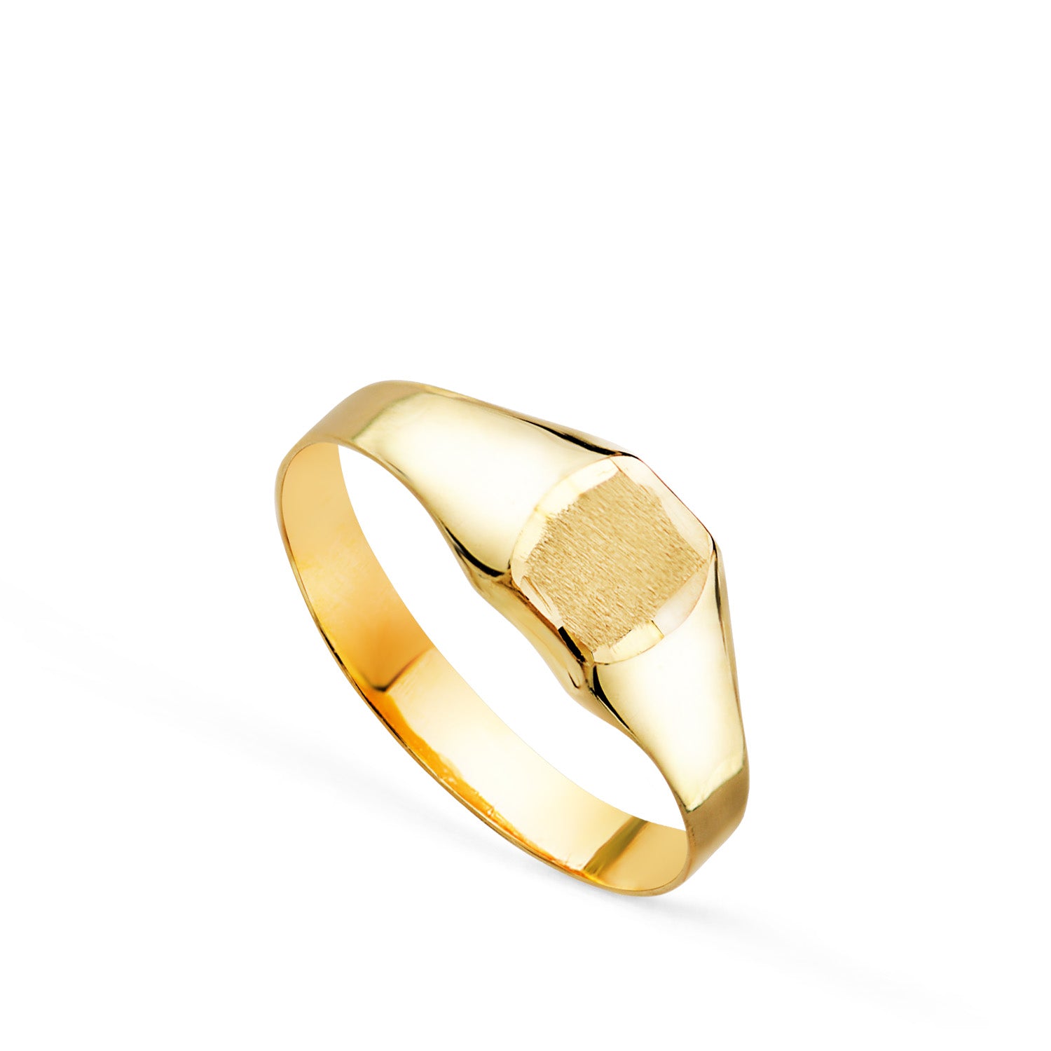 Chevalier Or Jaune 18K Creux Bébé Ou Petit Doigt Rectangulaire Brillant Zone de Gravure 4,5X3,5 mm