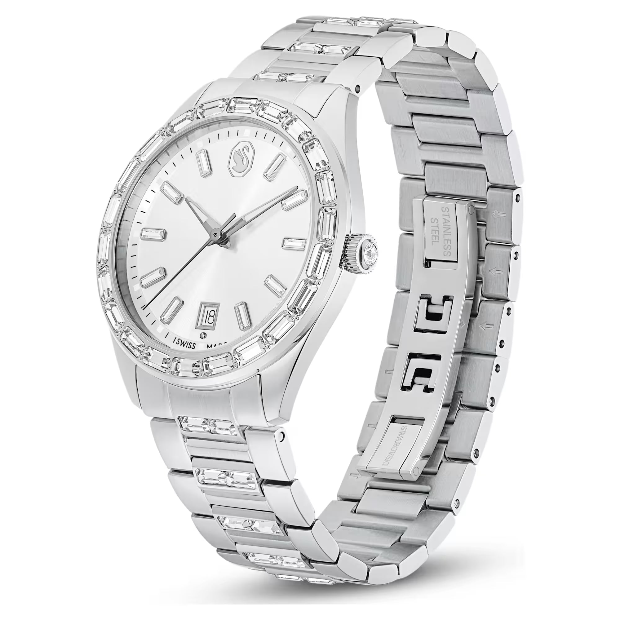 Swarovski Klocka - Matrix Date - Metallarmband - Vit Urtavla - Silver Stål