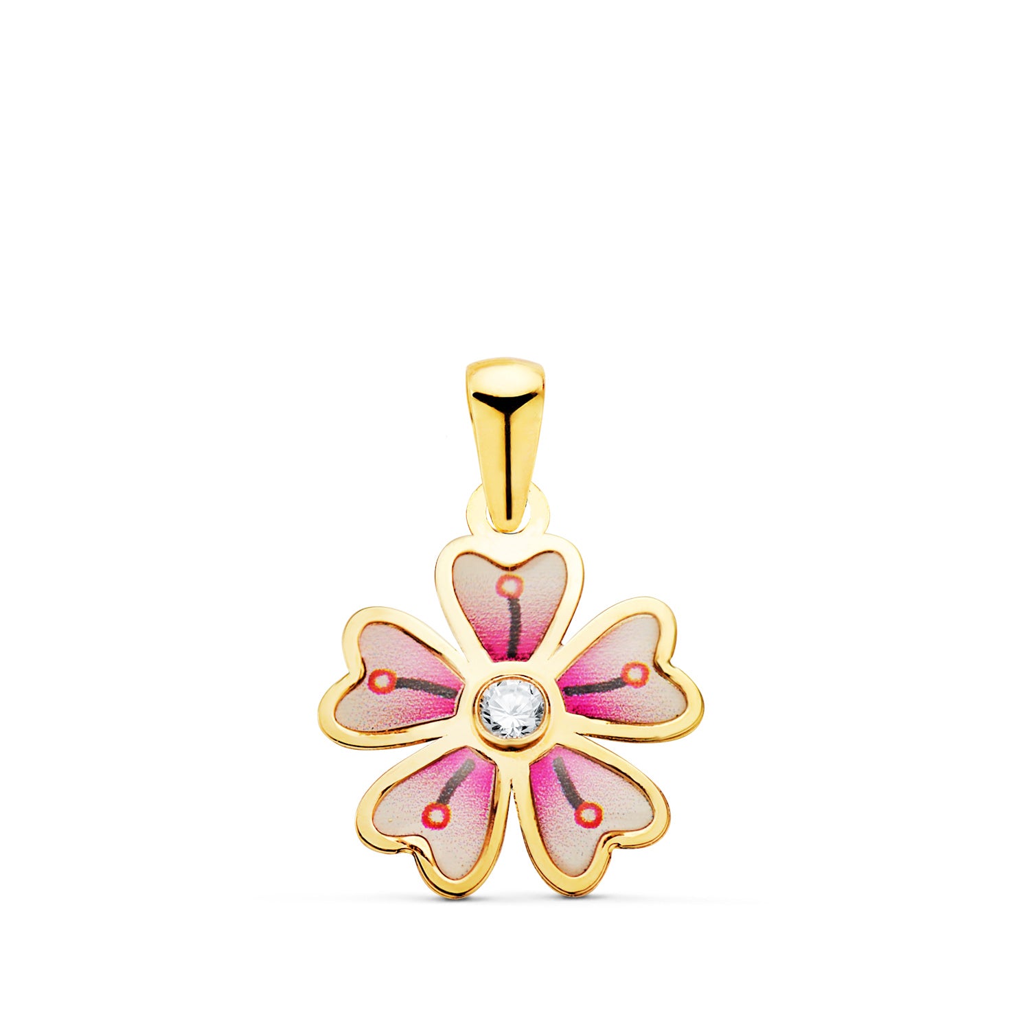 18K gult gull blomsteranheng 5 kronblader med farget emalje og zirconia 13 x 11 mm