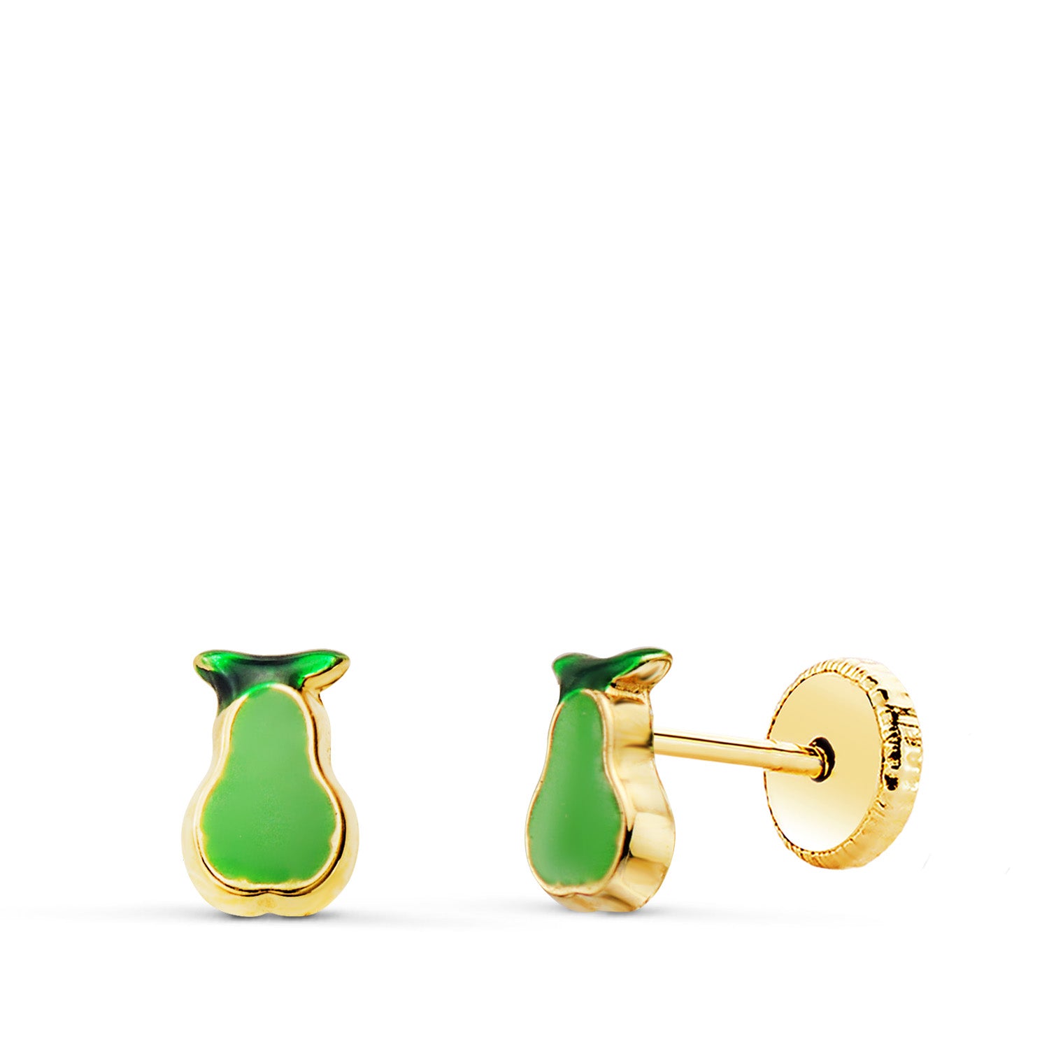 Pendientes Oro Amarillo 18K Esmalte Verde Pera 6 X 4 mm Cierre Rosca