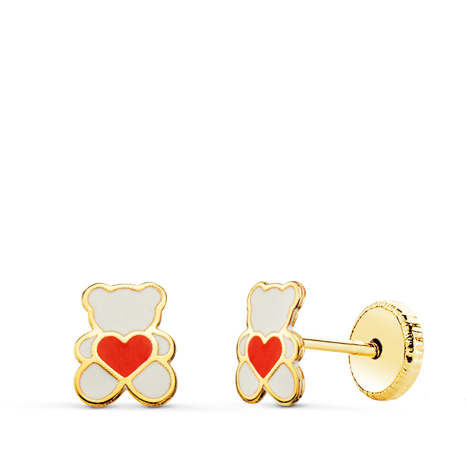 Boucles d'oreilles Or Jaune 18K Émail Blanc Ours et Coeur 6 X 45 mm Fermoir à Vis
