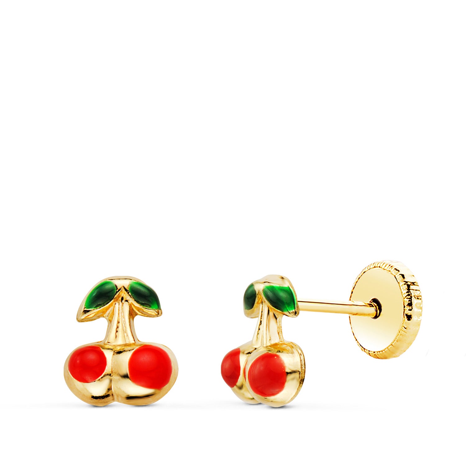 Pendientes Oro Amarillo 18K Esmalte Cereza 6X5 mm Cierre Rosca