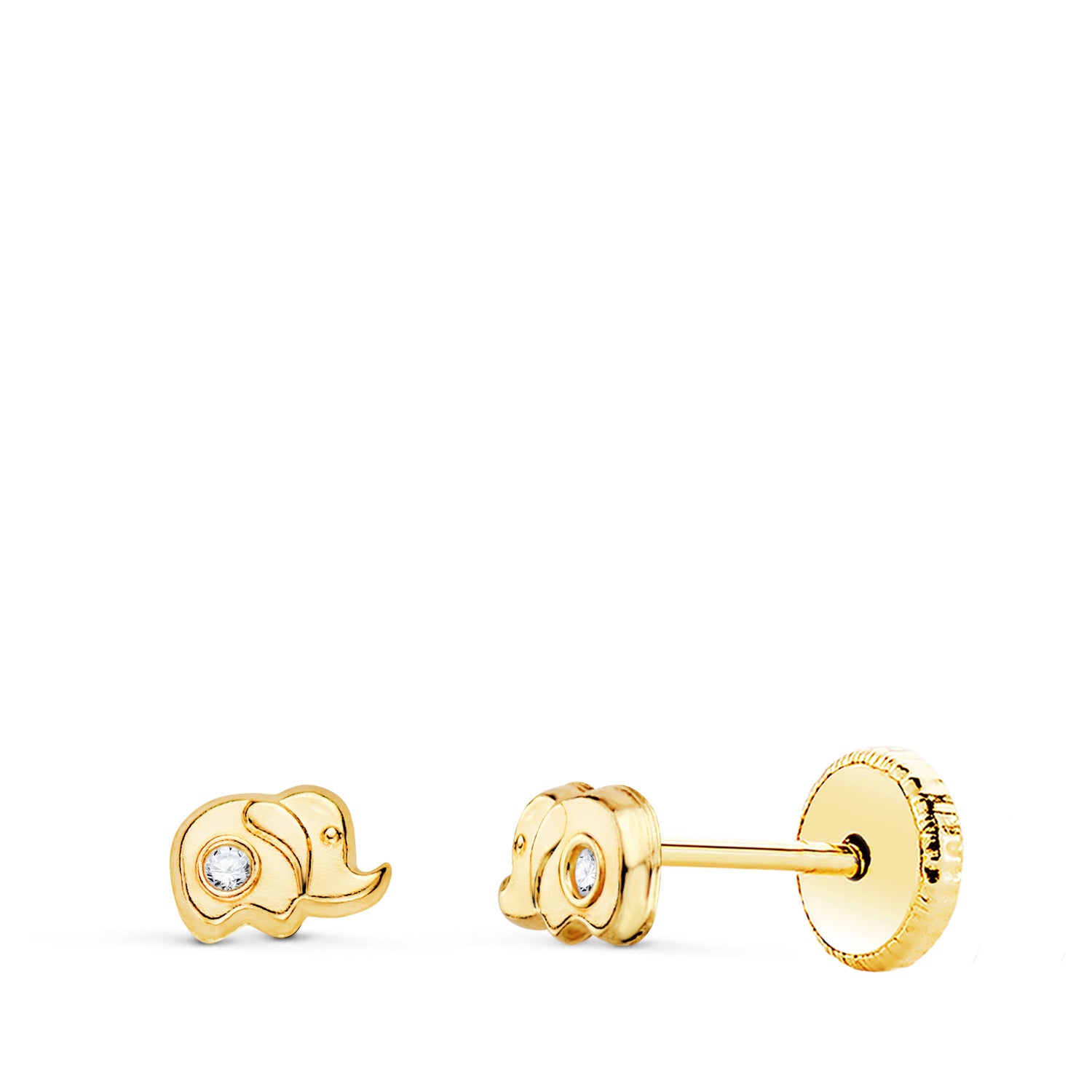 Boucles d'oreilles Éléphant en Or Jaune 18K avec Fermoir à Vis Zirconie 5 X 3 mm