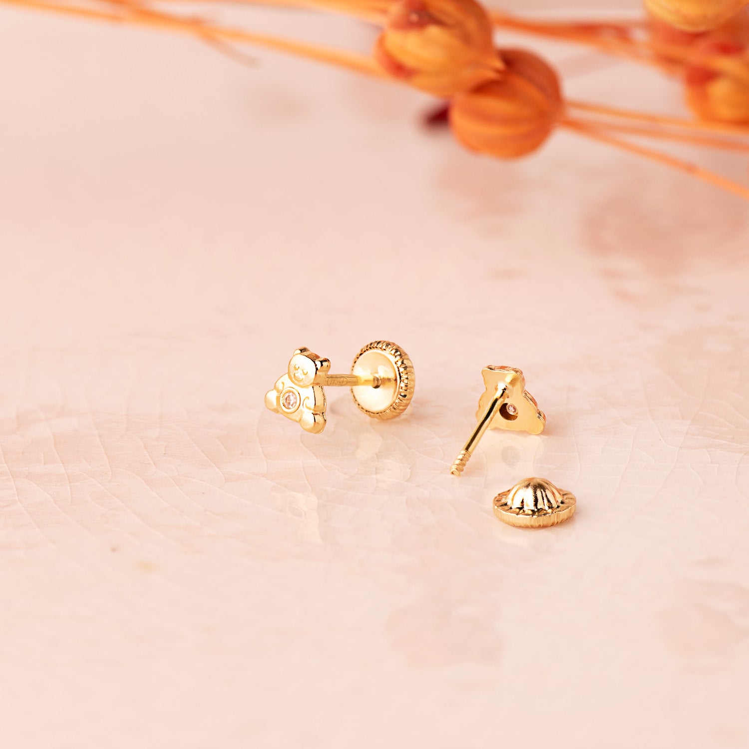 Boucles d'oreilles Ours en Or Jaune 18K avec Fermoir à Vis Zirconie 4,5 X 4,5 mm