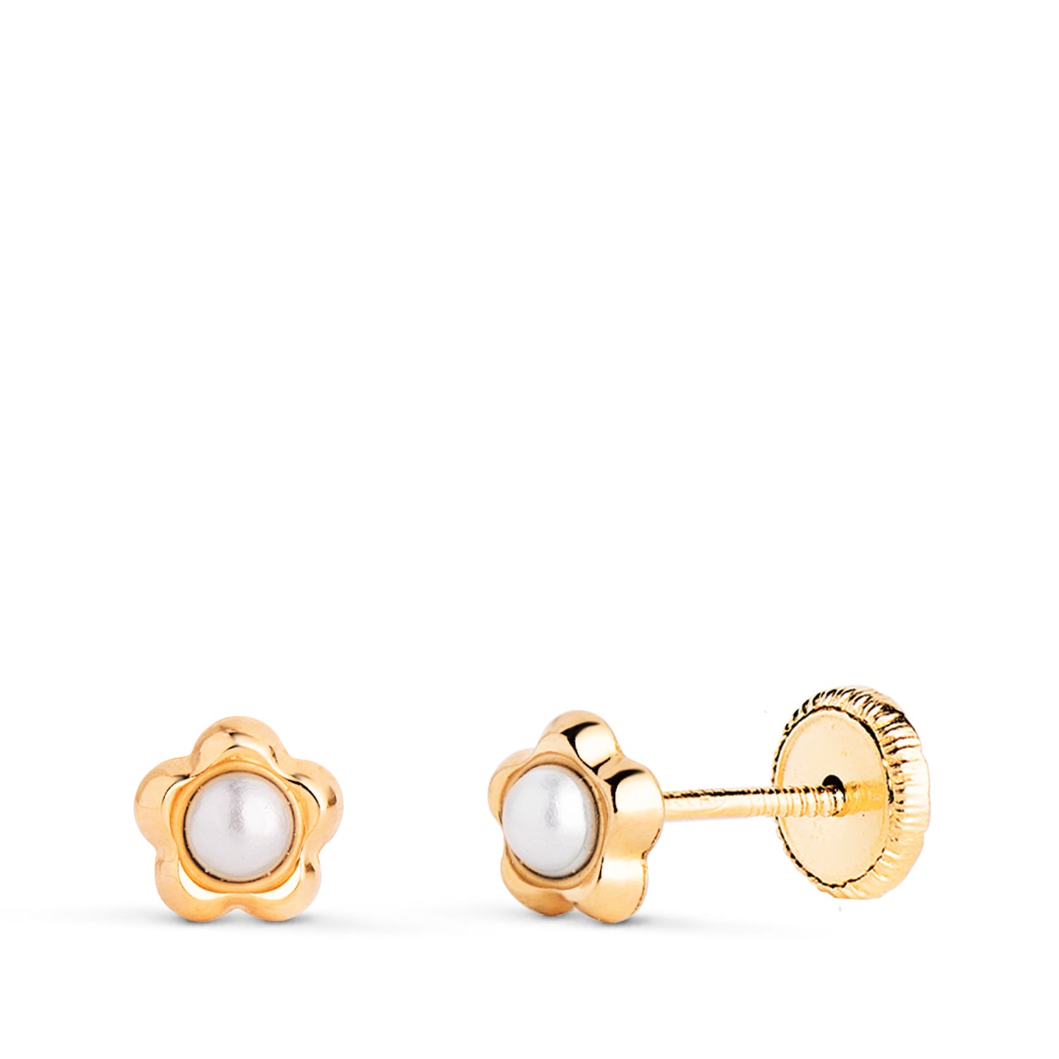 Boucles d'oreilles Fleur en Or Jaune 18K avec Perles de 2,4 mm Mesure: 5,3 X 5 mm Fermoir a Vis