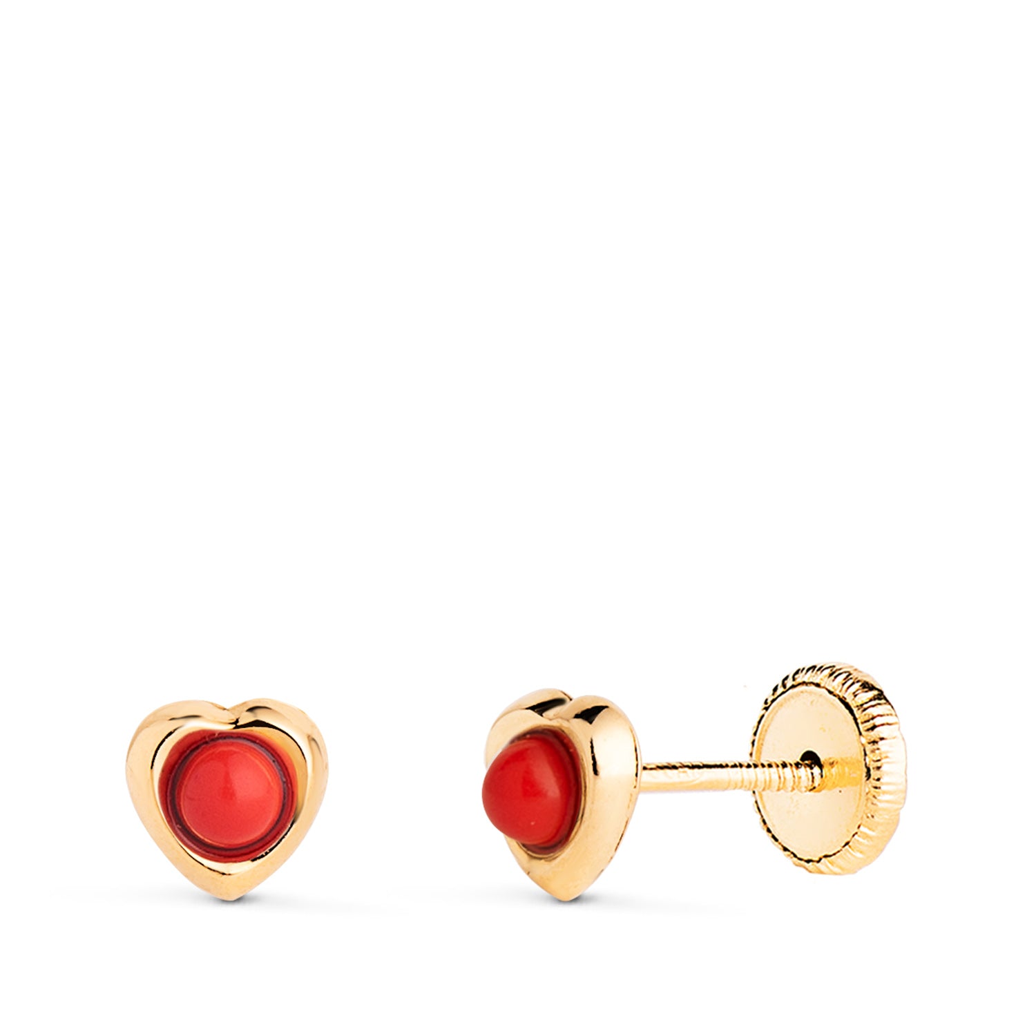 Boucles d'oreilles Coeur en Or Jaune 18K avec Corail 2,4MM Mesure: 5 X 5MM Fermoir a Vis