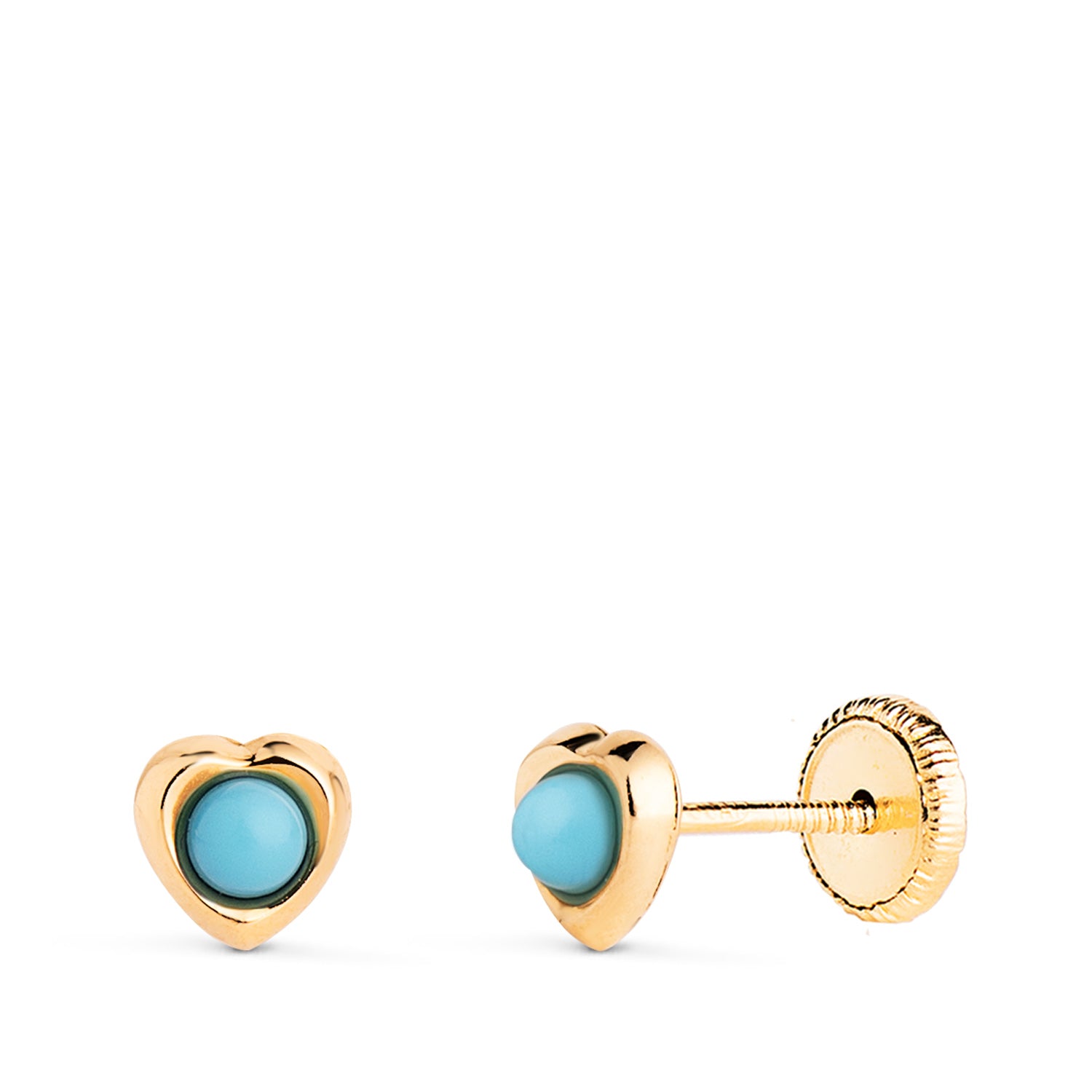 Boucles d'oreilles Coeur en Or Jaune 18K avec Turquoises 2,4MM Mesure: 5 X 5MM Fermoir a Vis