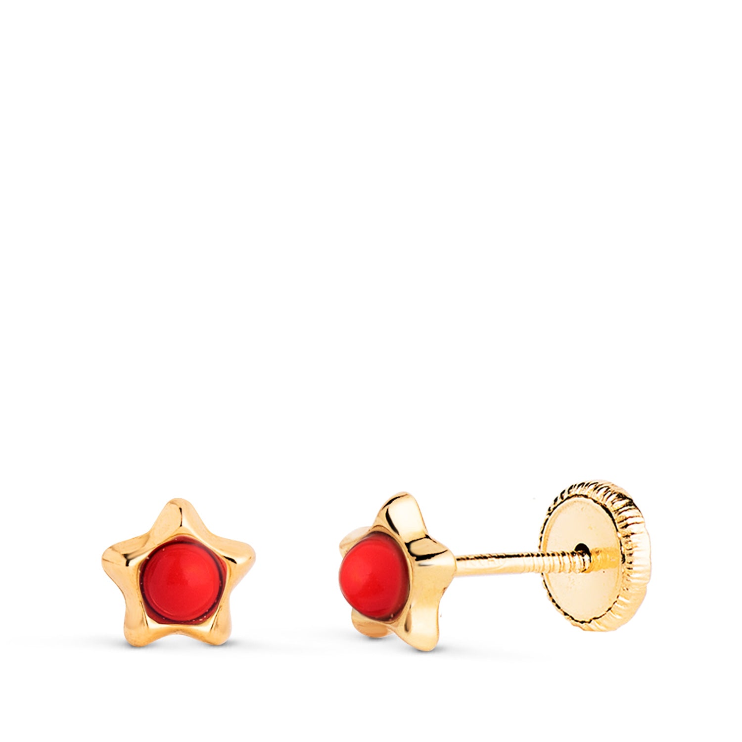 Boucles d'oreilles Étoile en Or Jaune 18K avec Corail 2,4MM Mesure: 5 X 5MM Fermoir a Vis