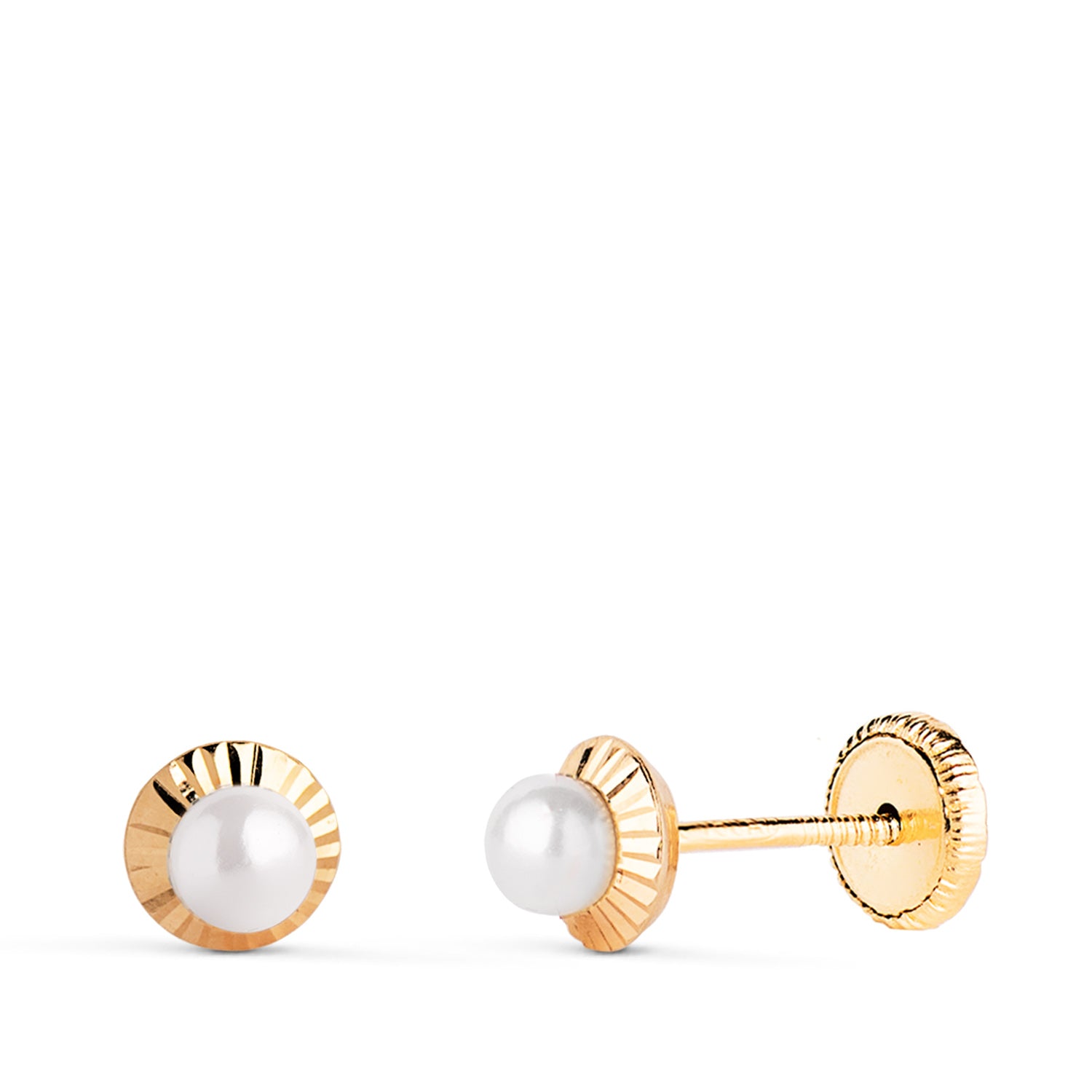 18 K gul guld perle stud øreringe. 5 mm skruelås