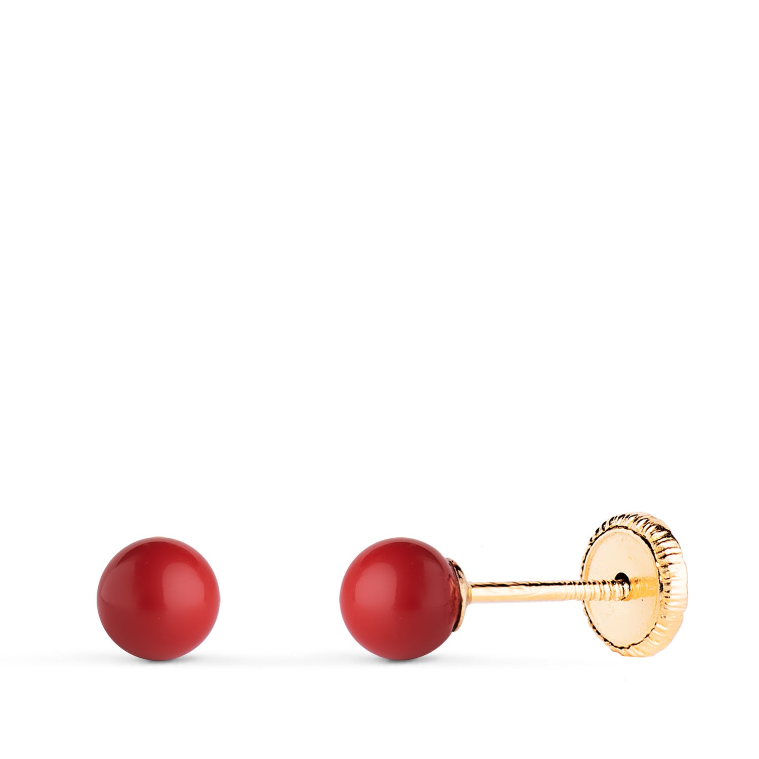 Pendientes Oro Amarillo 9K Coral Sintético Redondo 4 mm Cierre Rosca