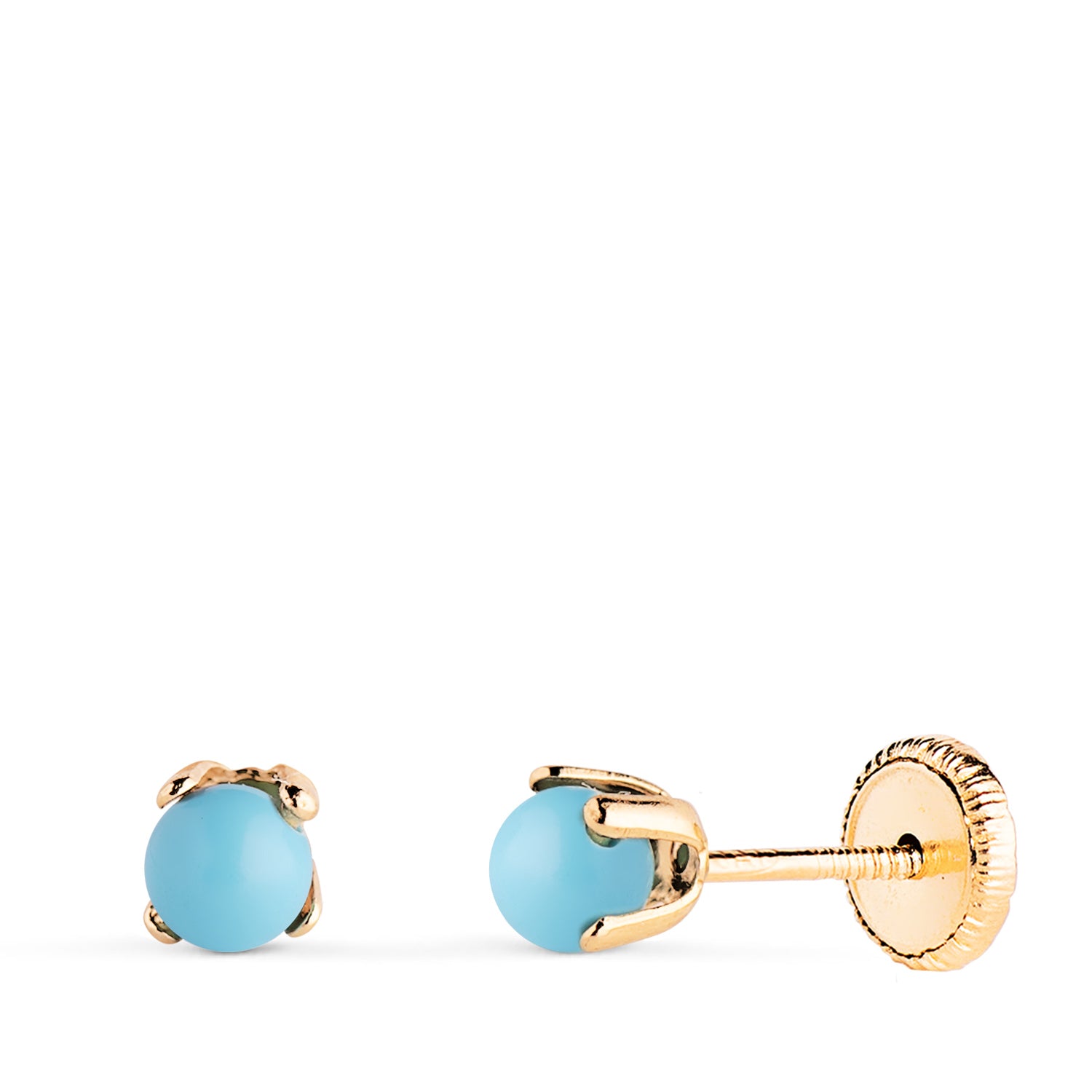Boucles d'oreilles Turquoise en Or Jaune 18K avec 4 Griffes Taille : 3 mm Fermoir a Vis