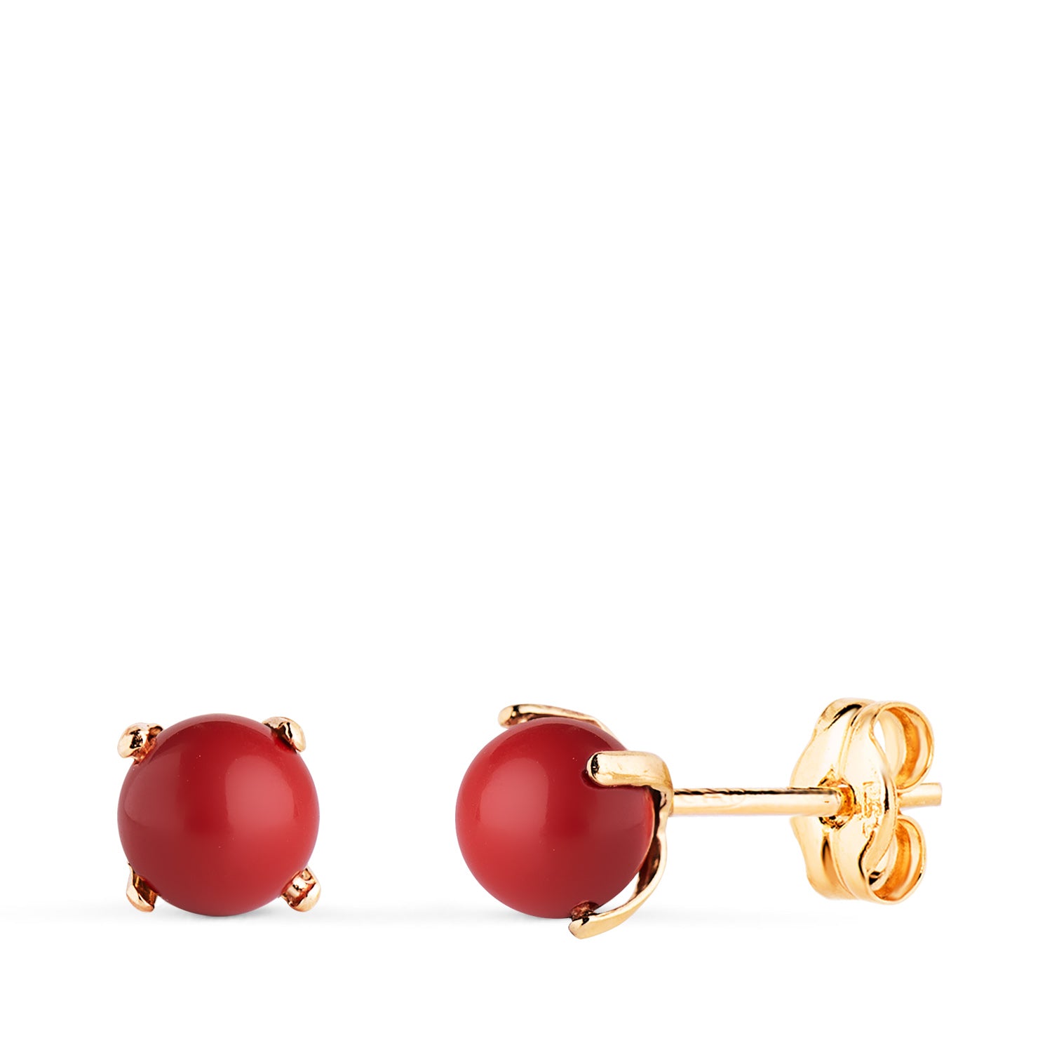 Boucles d'oreilles en Or Jaune 18K Corail avec 4 Griffes Taille : 5 mm Fermoir Poussettes Papillon