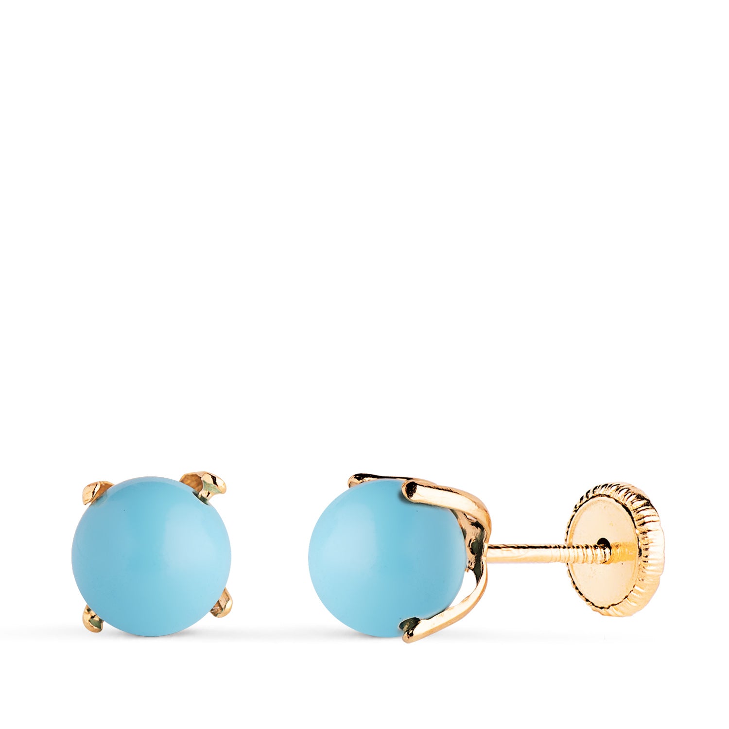 Boucles d'oreilles Turquoise en Or Jaune 18K avec 4 Griffes Taille : 6 mm Fermoir a Vis