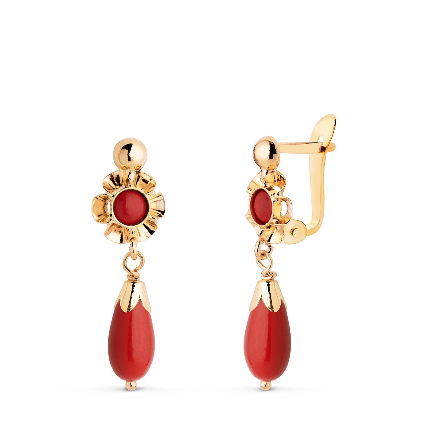 Boucles d'oreilles Or Jaune 18K Corail Cubain Taille : 22X7 mm Fermoir Catalan