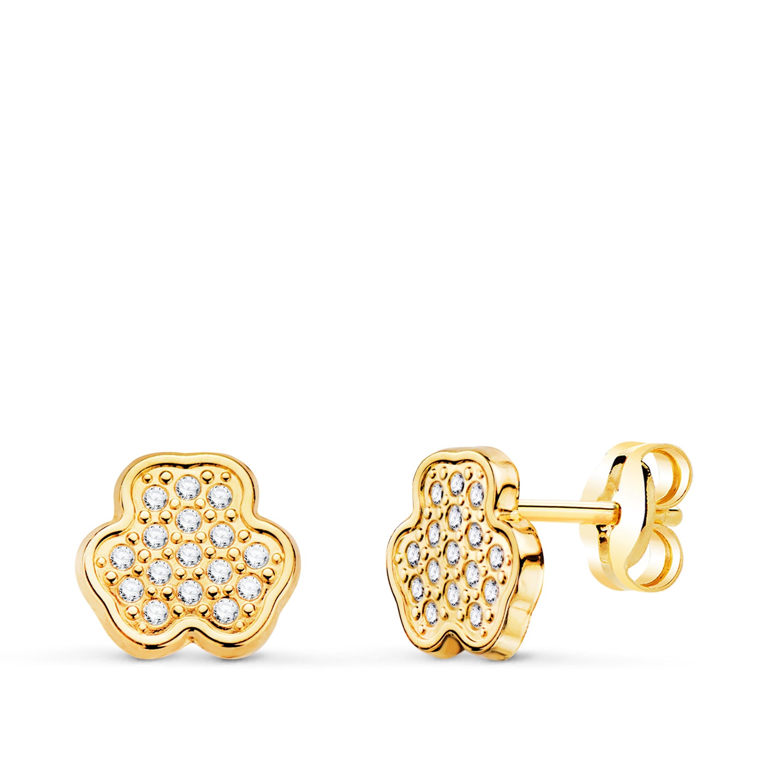 Boucles d'oreilles Trèfle en Or Jaune 18K avec Zircone 7X6,5 mm Fermoir Poussette Papillon