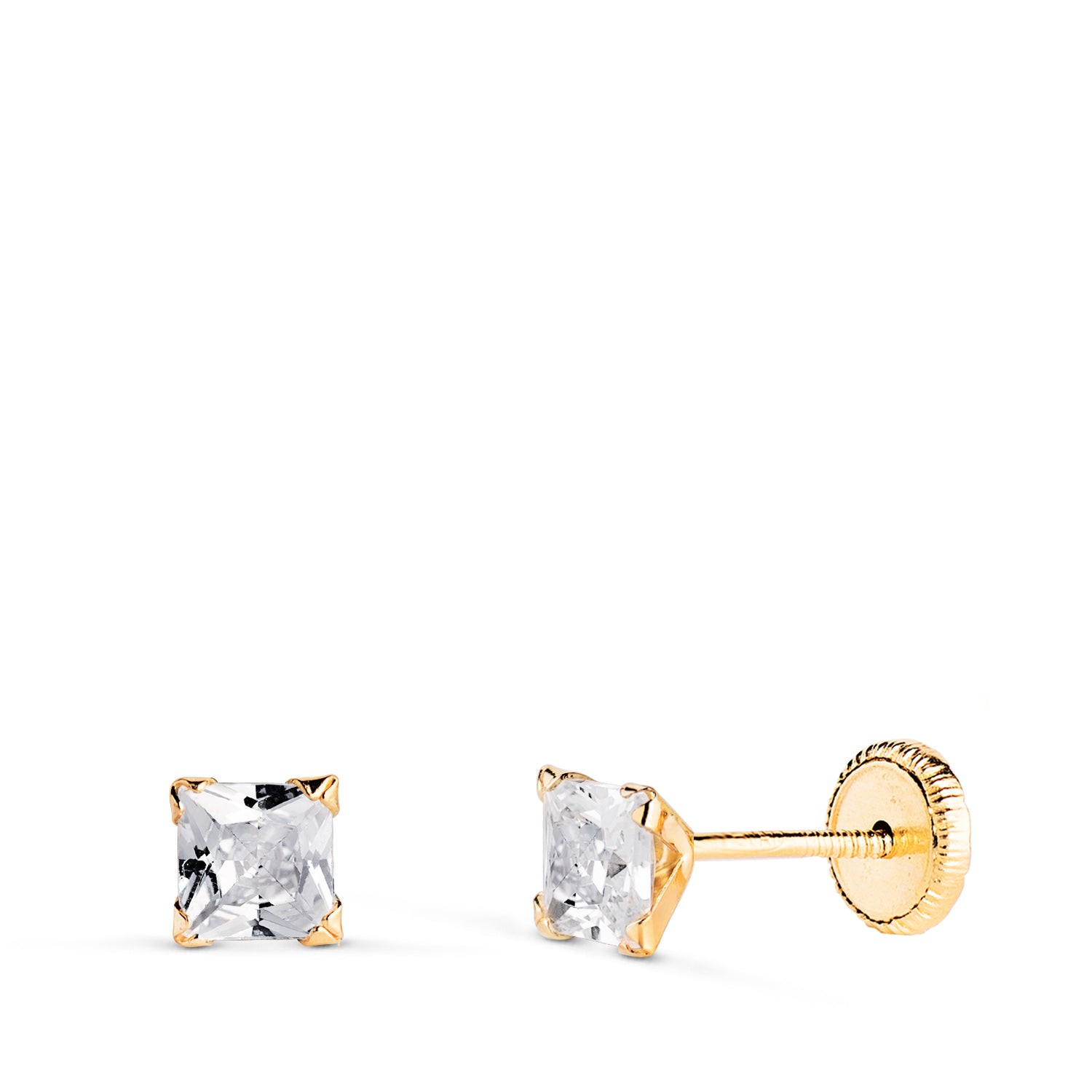 Boucles d'oreilles Carrées Zircone Or Jaune 18K à 4 Griffes Largeur: 3,5MM Fermoir a Vis