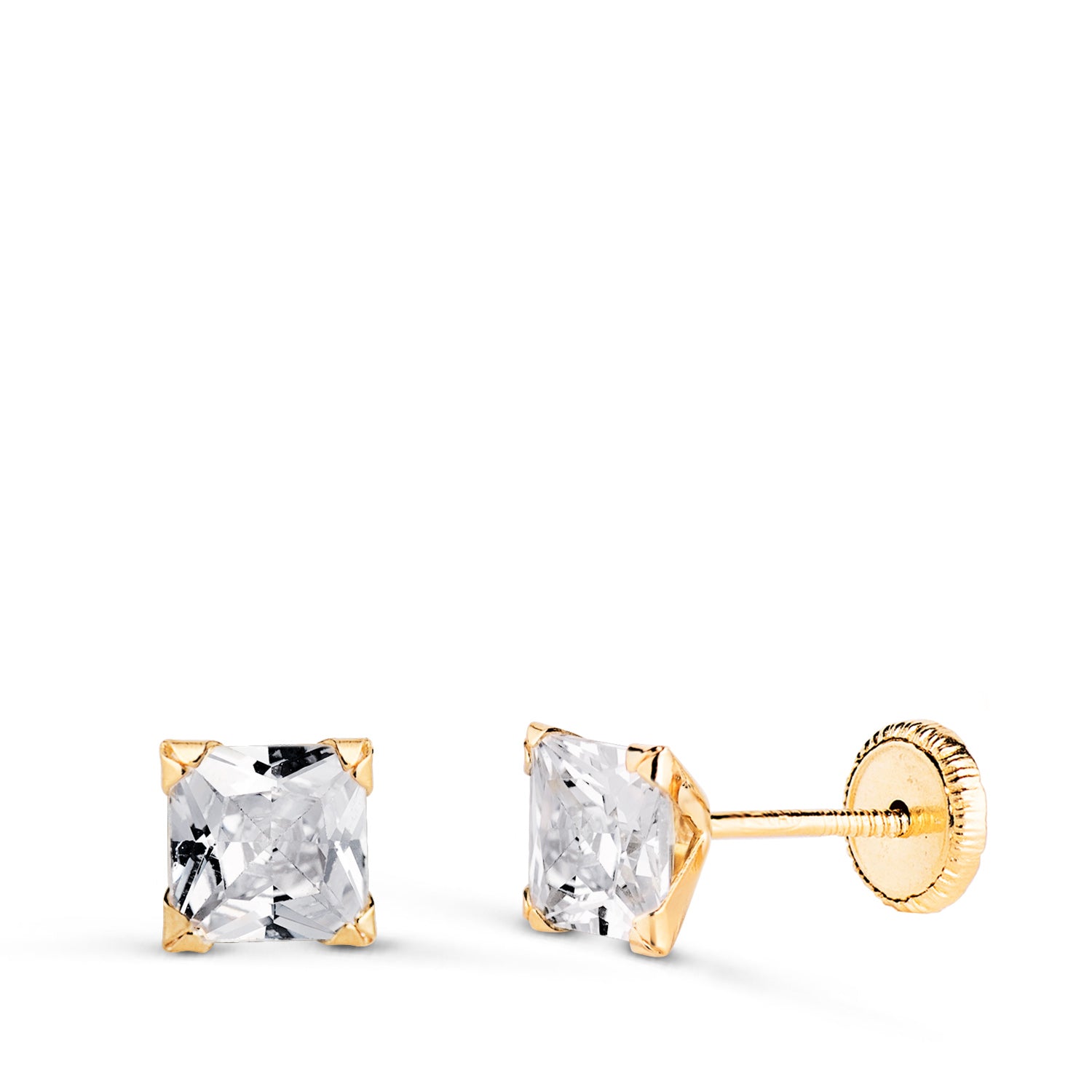 Pendientes Oro Amarillo 18K Circonitas Cuadradas 4 Puntas Ancho: 5MM Cierre Rosca