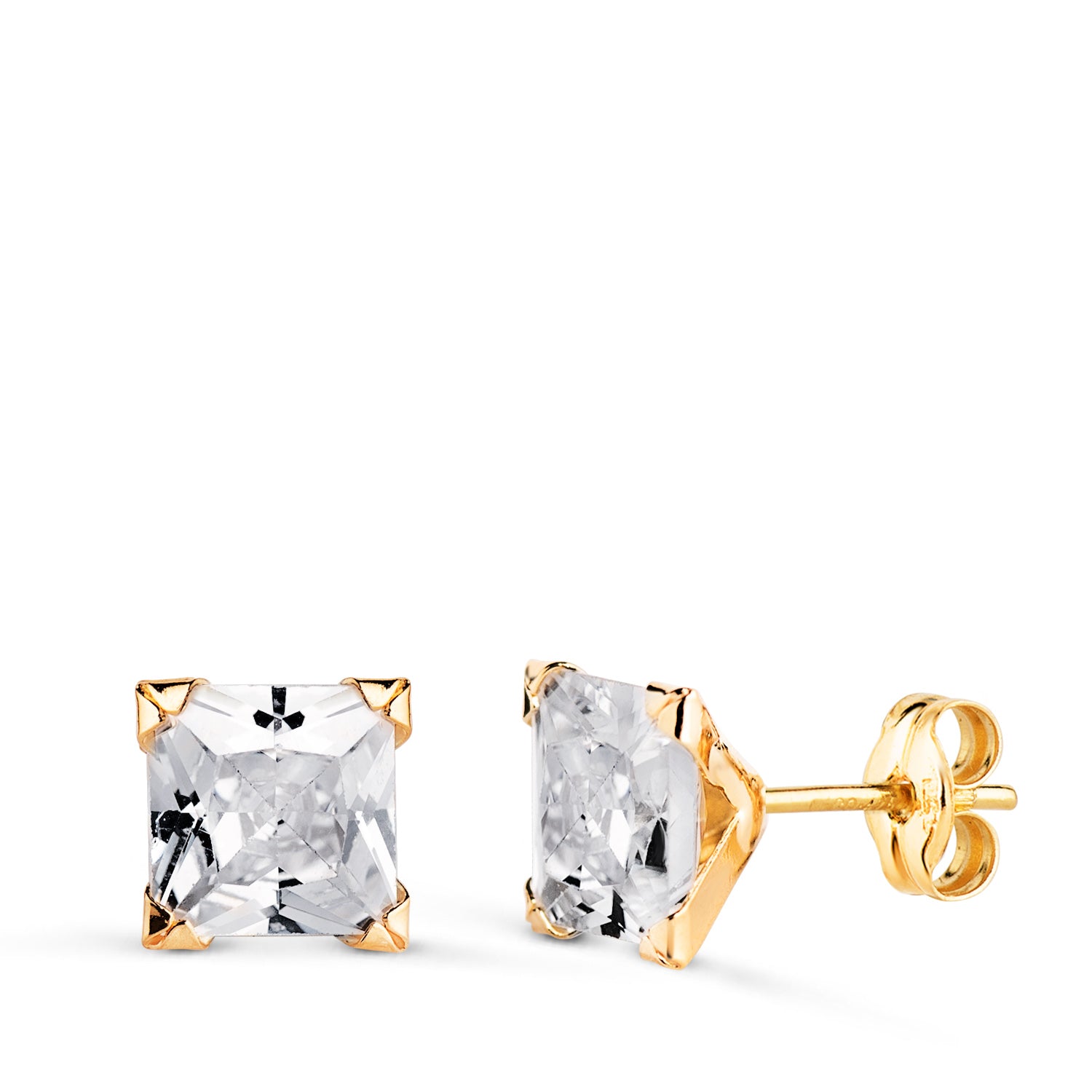 18K Yellow Gold Square Zirconia Earrings with 4 Prongs Width: 7MM Butterfly Push Clasp