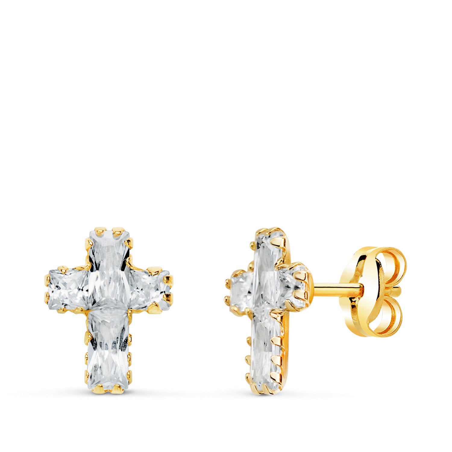 Boucles d'oreilles Or Jaune 18K Croix Baguette Zircon 8,5 X 6,5 mm Fermoir Poussettes Papillon