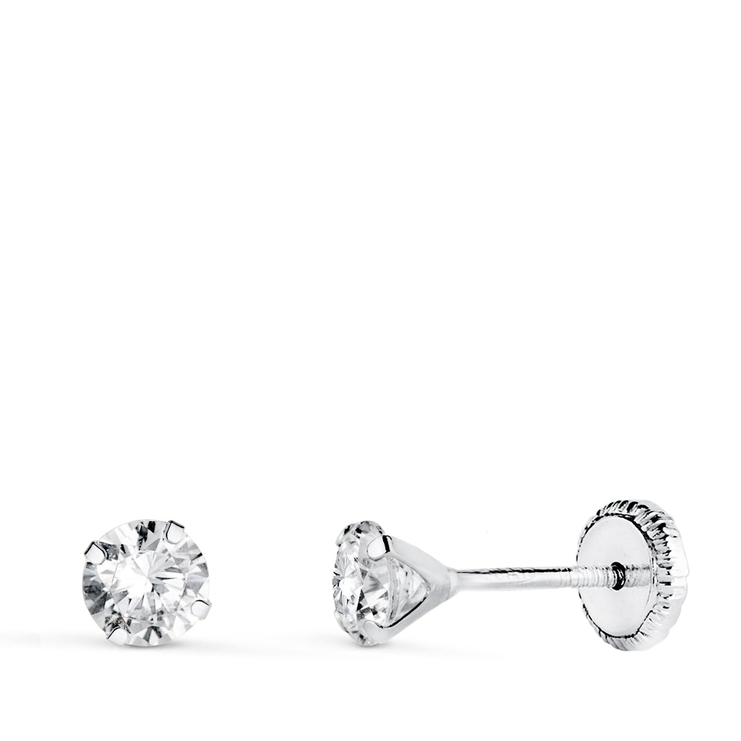 18K witgouden oorbellen met 4 klauwen en zirkoon. Breedte: 4 mm schroefsluiting