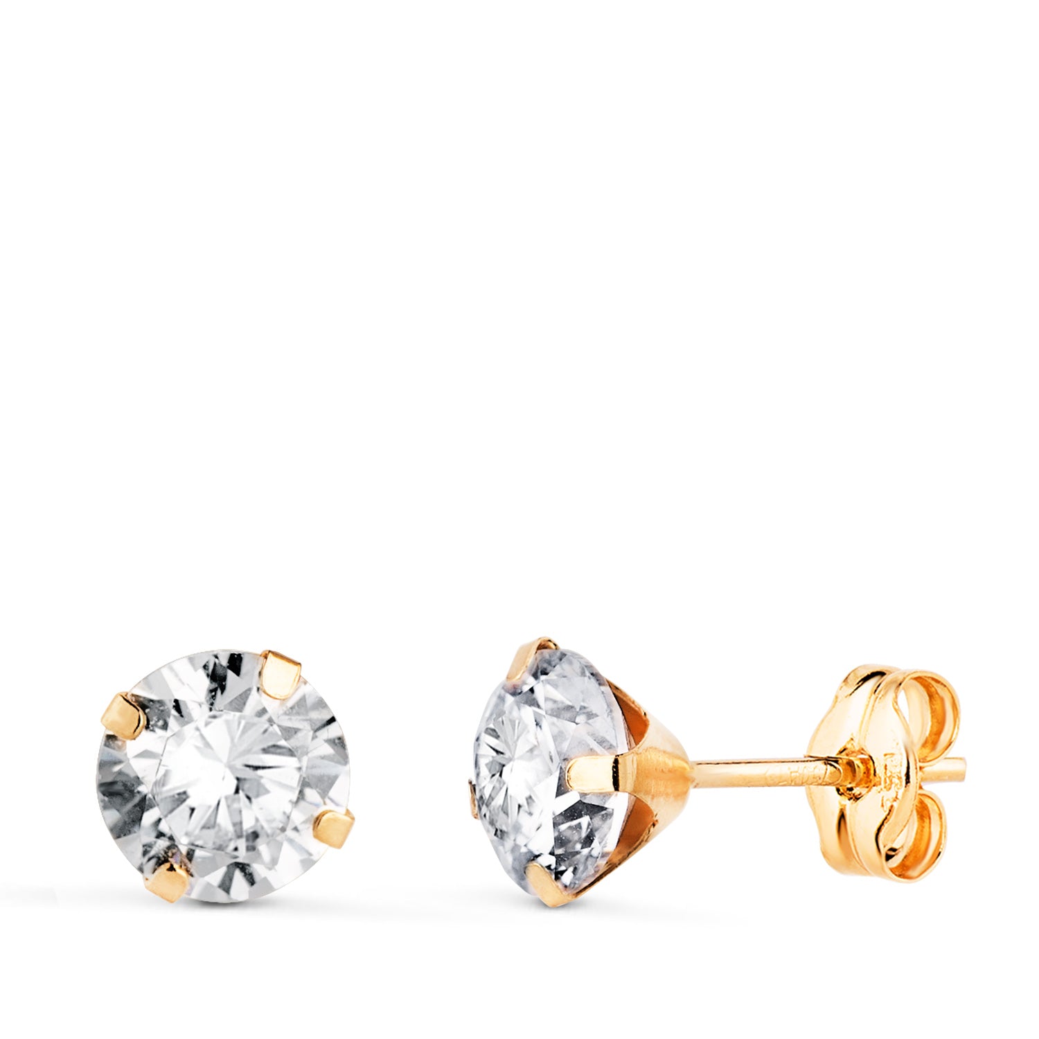 18K geelgouden oorbellen met 4 tanden en zirkonia. Breedte: 6 mm vlindersluiting