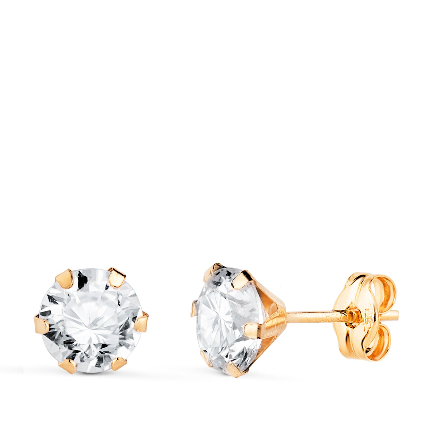 18K geelgouden oorbellen, 6 tanden met zirkoon. Breedte: 6 mm, vlinderwagensluiting