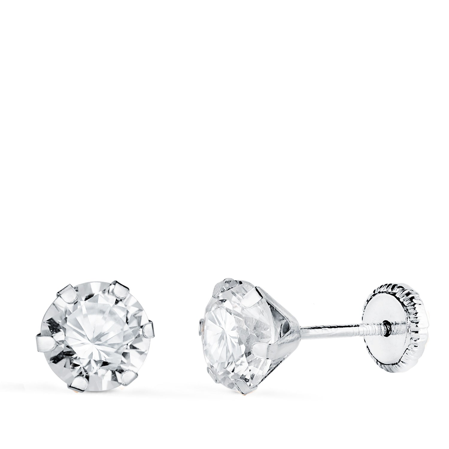 Boucles d'oreilles Or Blanc 18K 6 Griffes avec Zirconia Largeur : 6 mm Fermoir a Vis