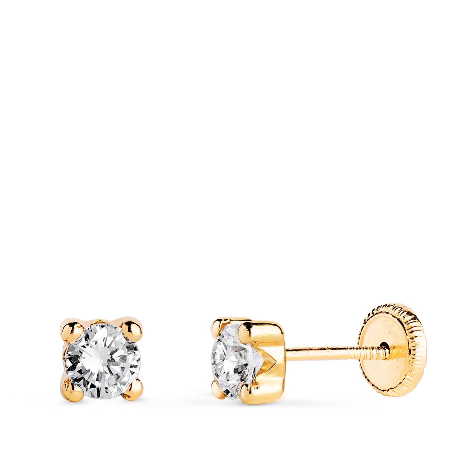 Boucles d'oreilles Zirconia 4MM Or Jaune 18K avec 4 Griffes Largeur: 4,5 mm Fermoir a Vis