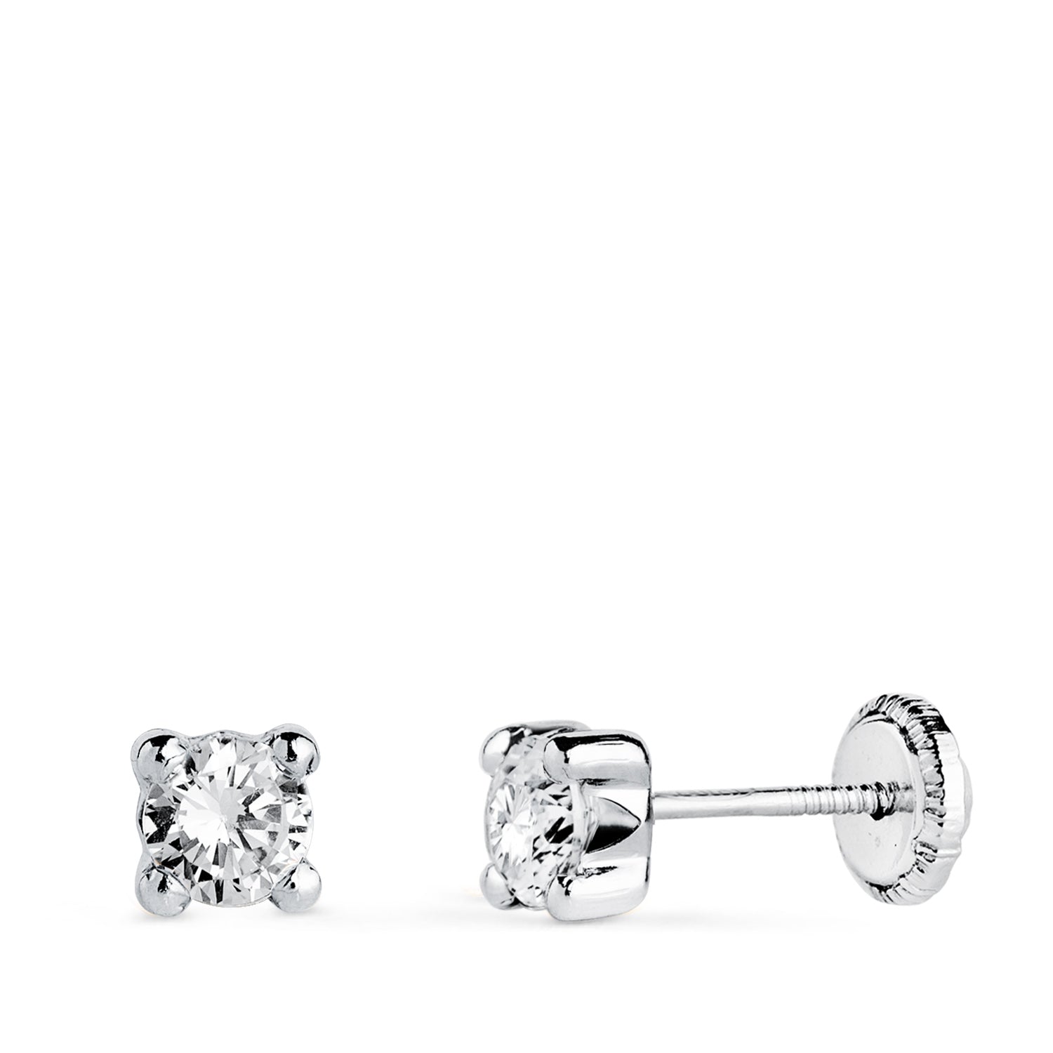 Boucles d'oreilles Or Blanc 18K Zircone 4MM avec 4 Griffes Largeur : 4,5 mm Fermoir a Vis