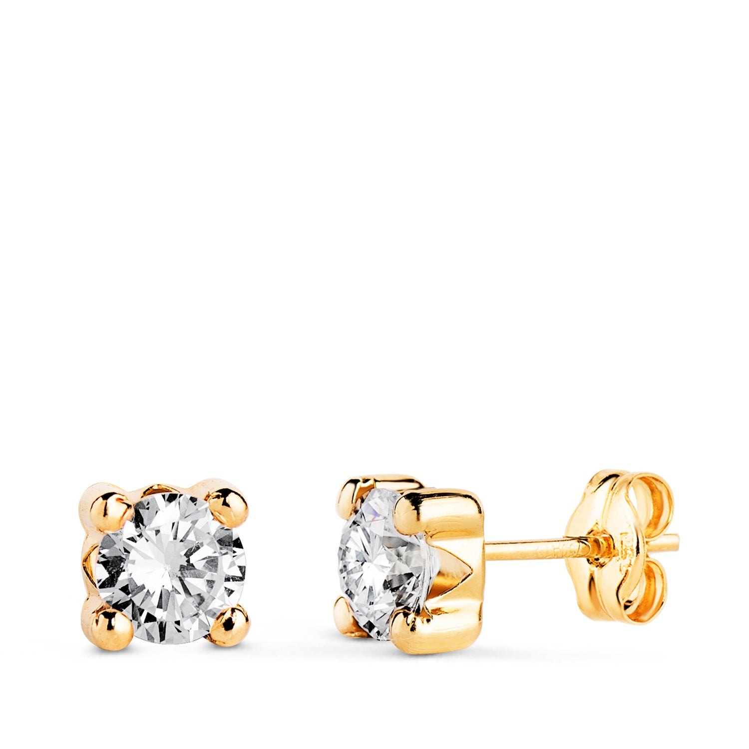 Boucles d'oreilles Or Jaune 18K Zircone 5MM avec 4 Griffes Largeur : 5,5 Mm. Fermoir Poussettes Papillon