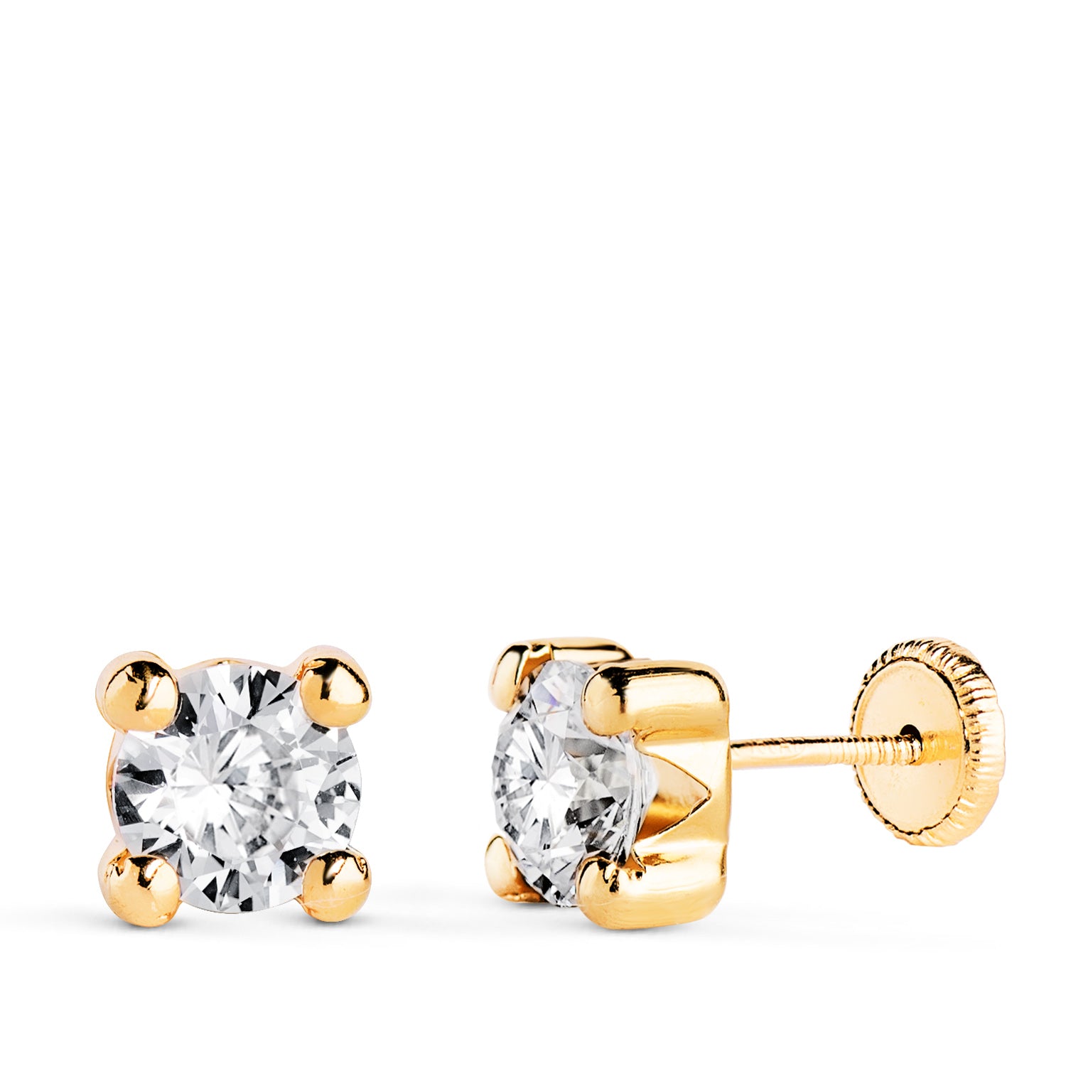 Boucles d'oreilles Or Jaune 18K Zircone 6MM avec 4 Griffes Largeur: 6,5 Mm. Fermoir a Vis