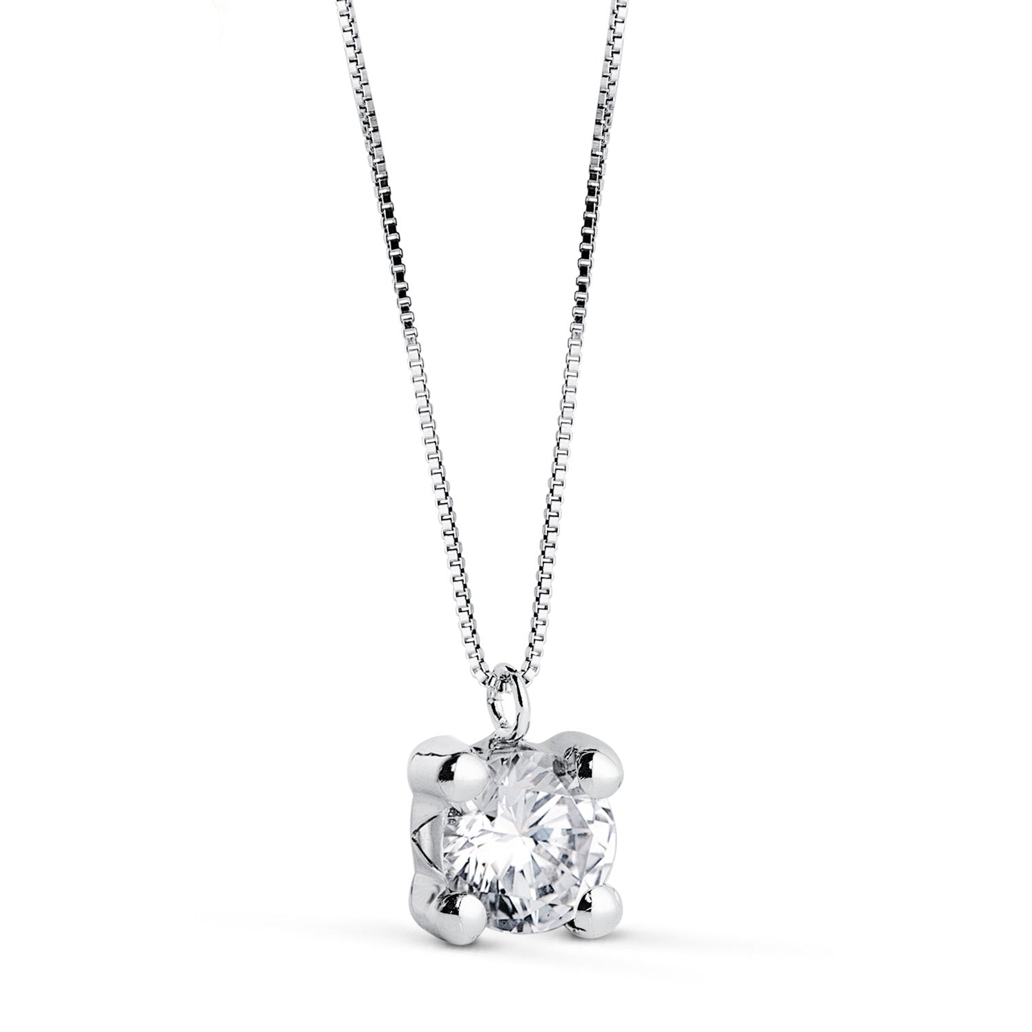 Collier en Or Blanc 18K avec Pendentif 4 Griffes avec Zircone 6MM et Chaîne 42CM