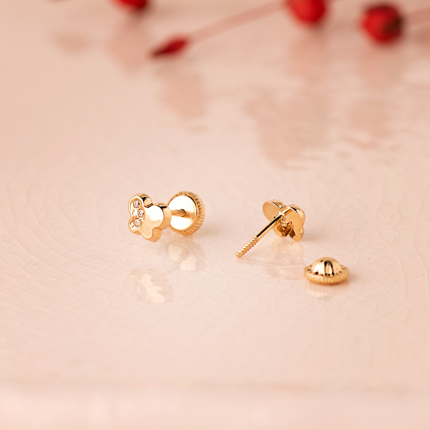 Boucles d'oreilles Papillon en Or Jaune 18K avec Zircone Fermoir à Vis 5,5 X 4,5 mm