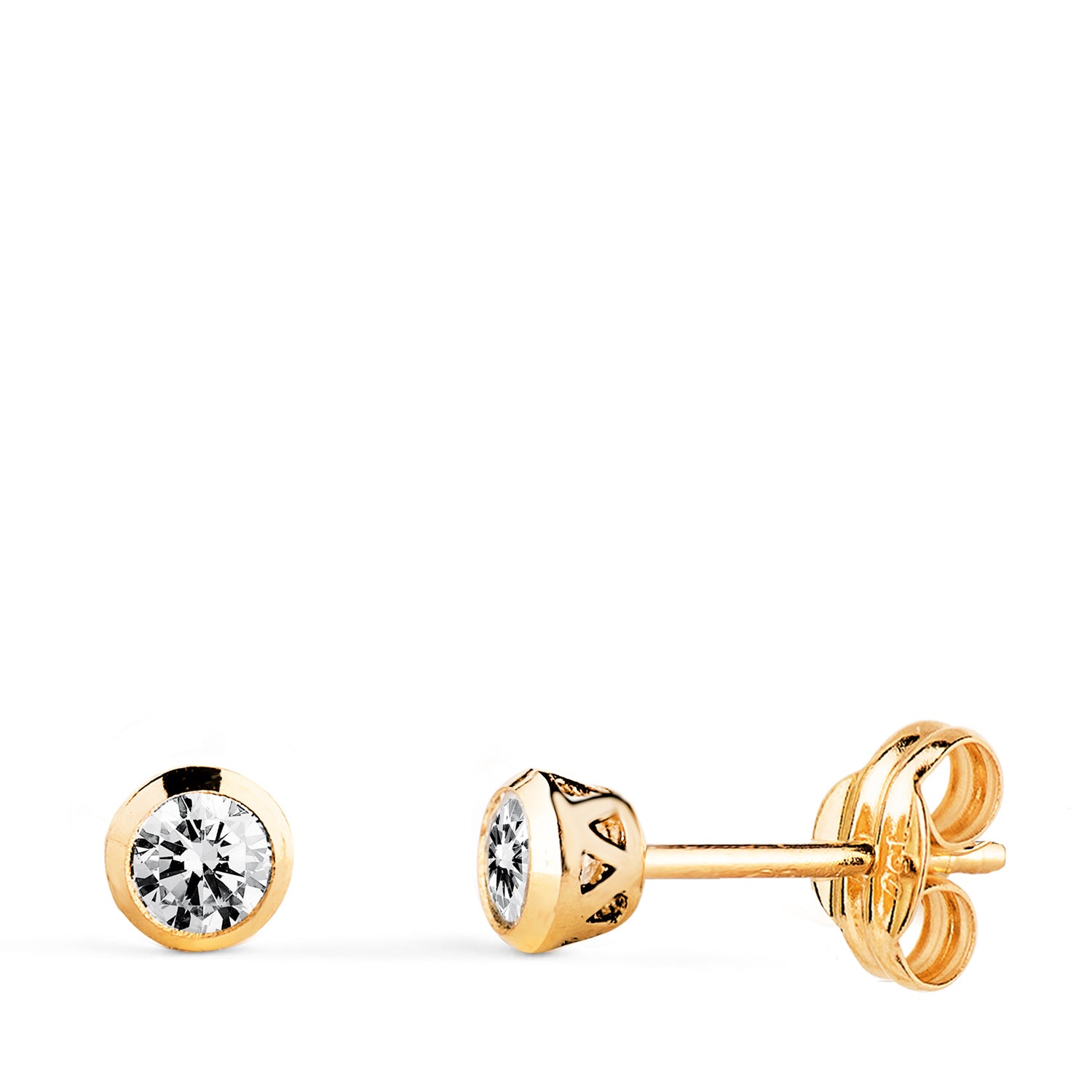 Boucles d'oreilles Chaton en Or Jaune 18K avec Zircon Ajouré en Forme de Panier Largeur : 4MM Fermeture à Pression