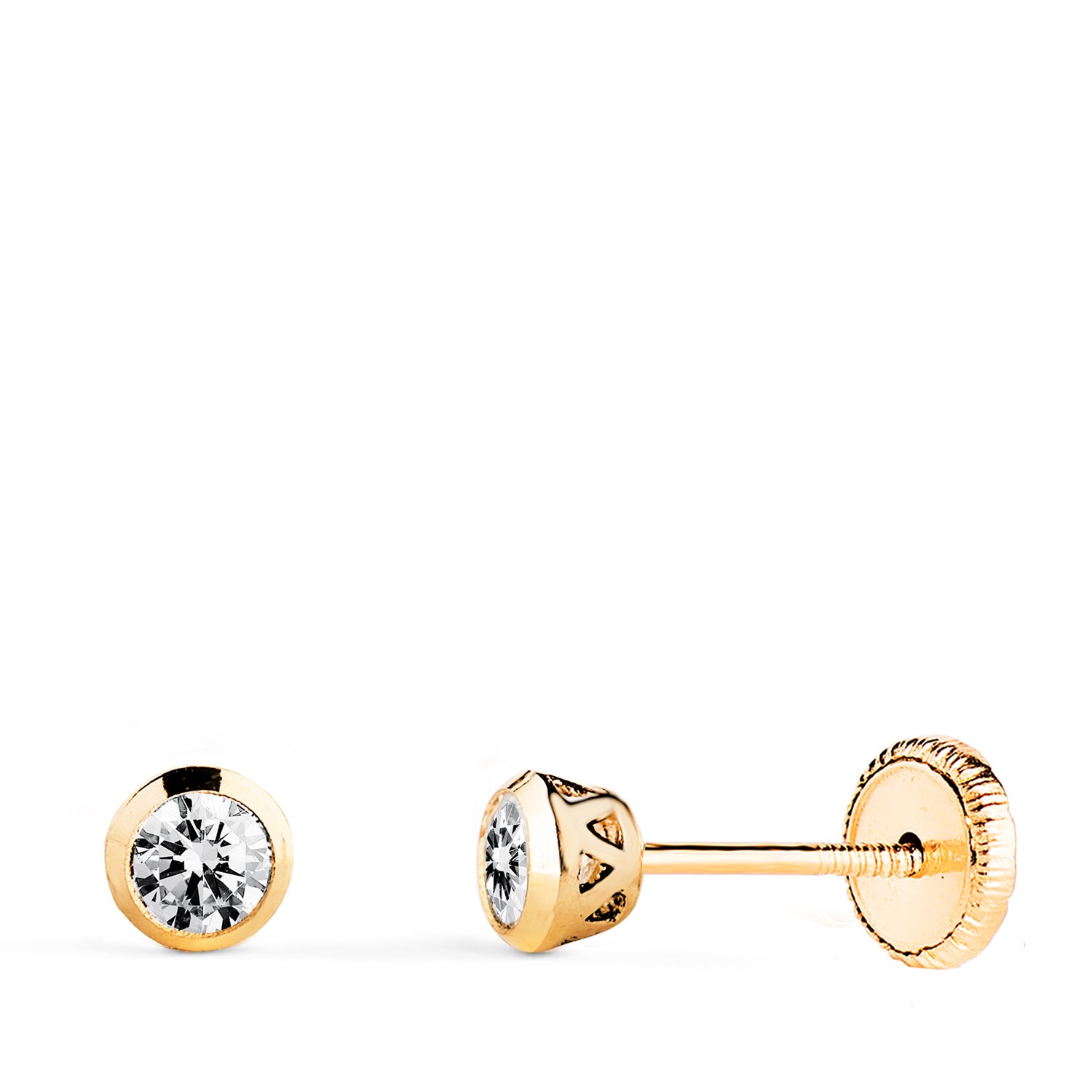 Pendientes Chaton de Oro Amarillo de 18K con Circonitas Caladas en Forma de Cesta Ancho: 4MM Cierre de Rosca