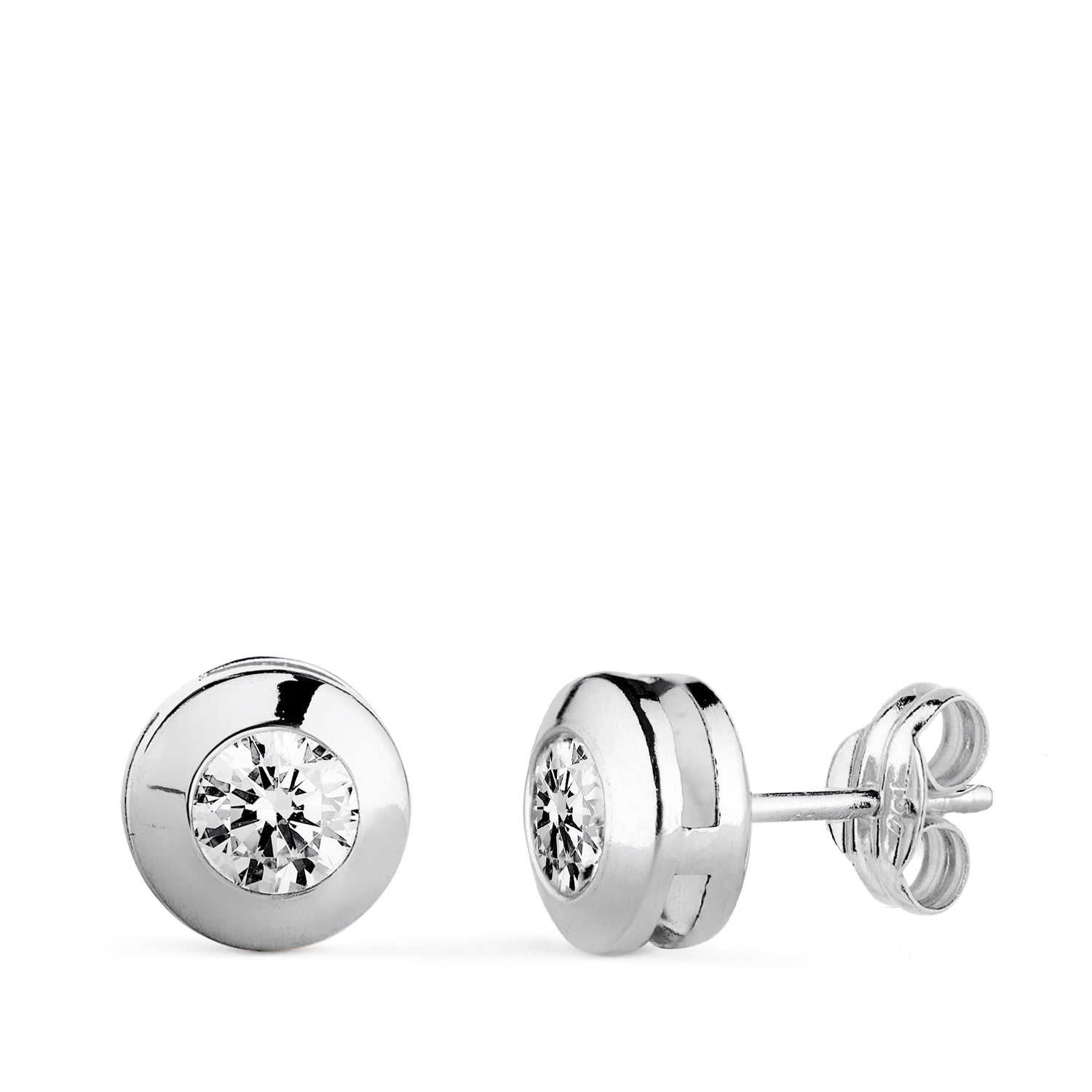 Boucles d'oreilles Or Blanc 18K Galerie Chaton avec Zircon Cubique Taille : 7,5 mm Fermoir Poussettes Papillon