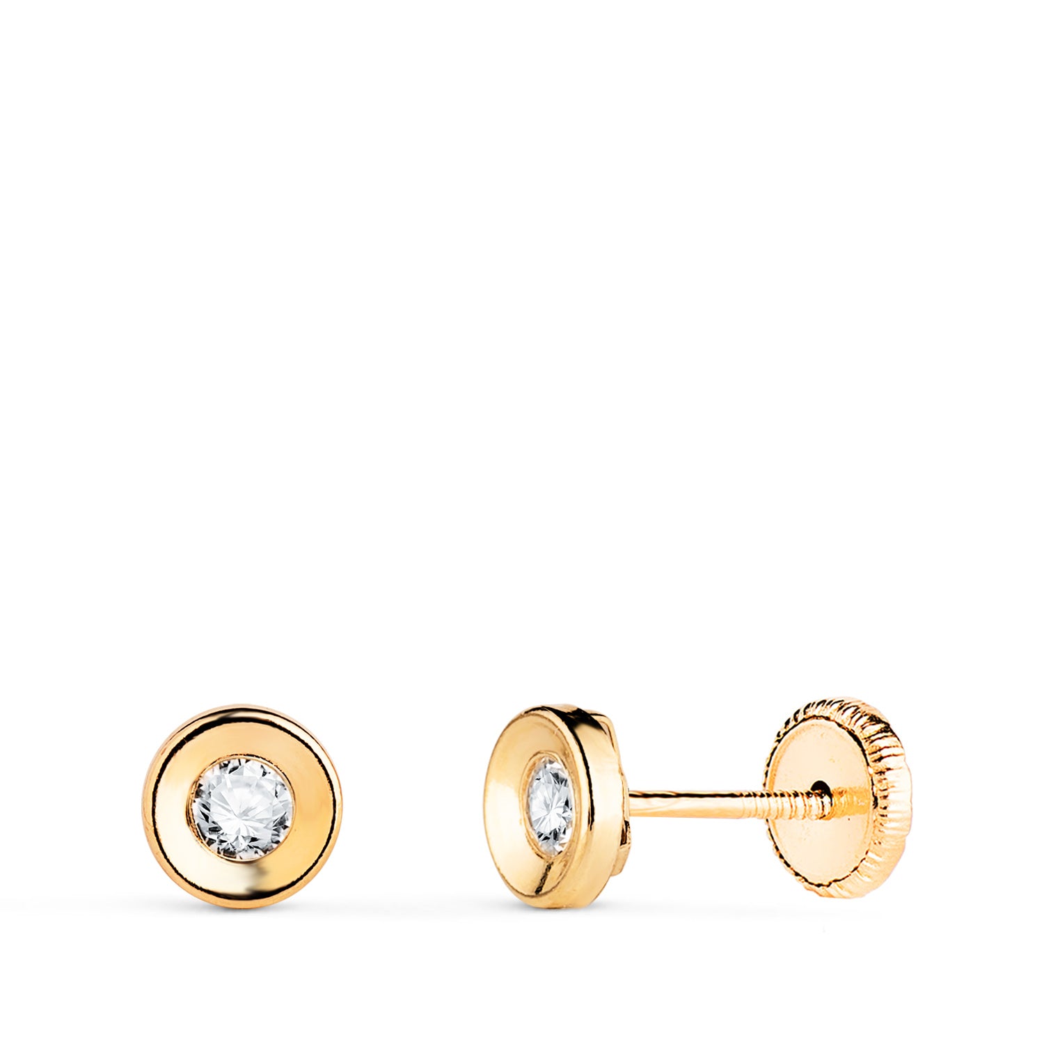 18K Yellow Gold Round Concave Earrings with Zircon Width: 5 mm Screw Clasp