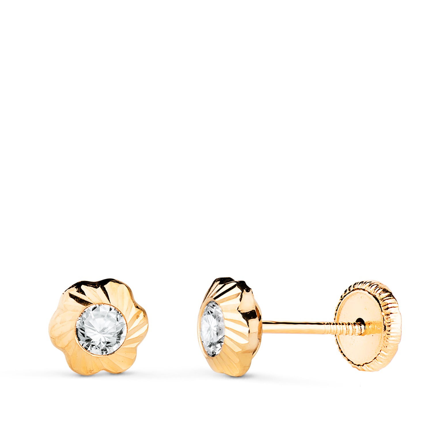 Boucles d'oreilles Or Jaune 18K Fleur avec Zircone Sculptée Mesure : 5,5MM Fermoir a Vis
