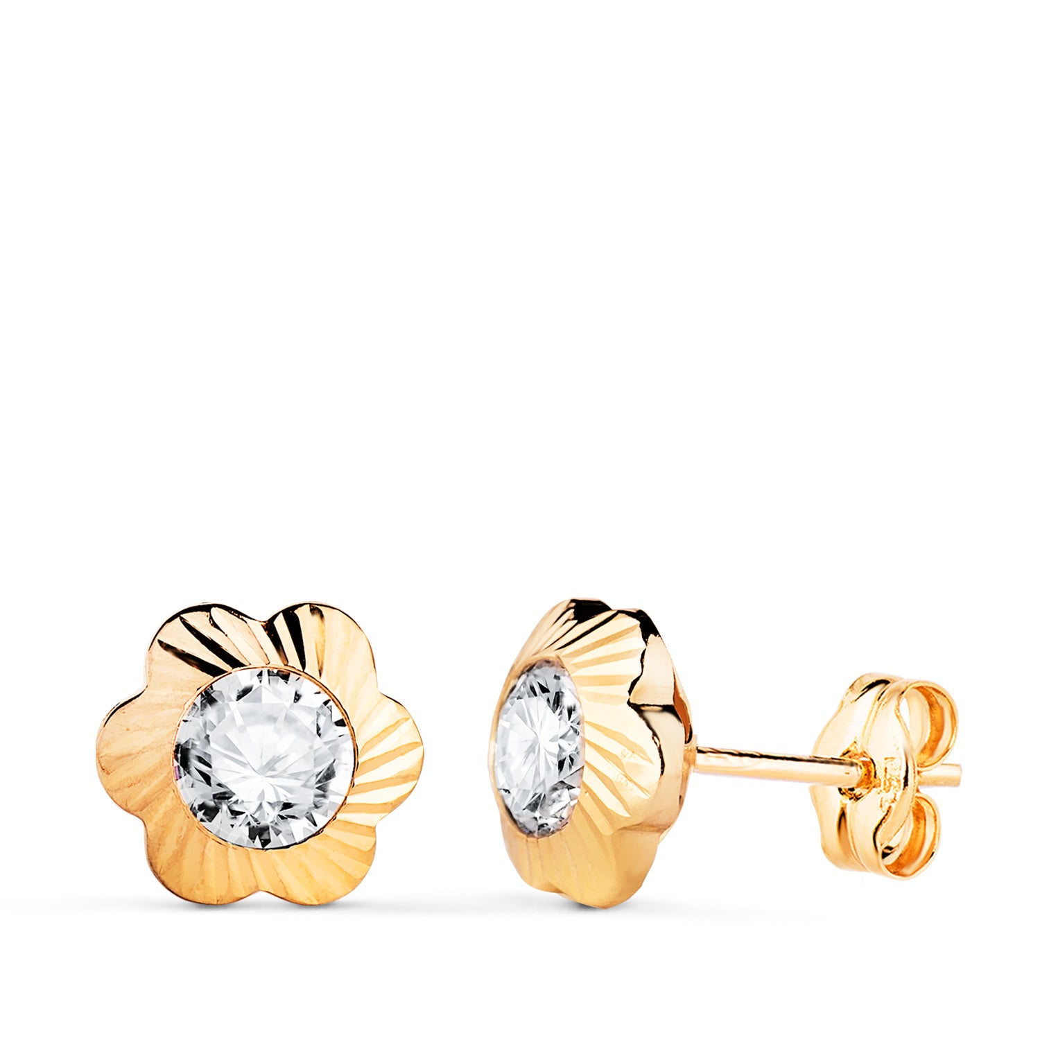 Boucles d'oreilles Or Jaune 18K Fleur avec Zircone Sculptée Mesure : 9MM Fermoir Poussettes Papillon