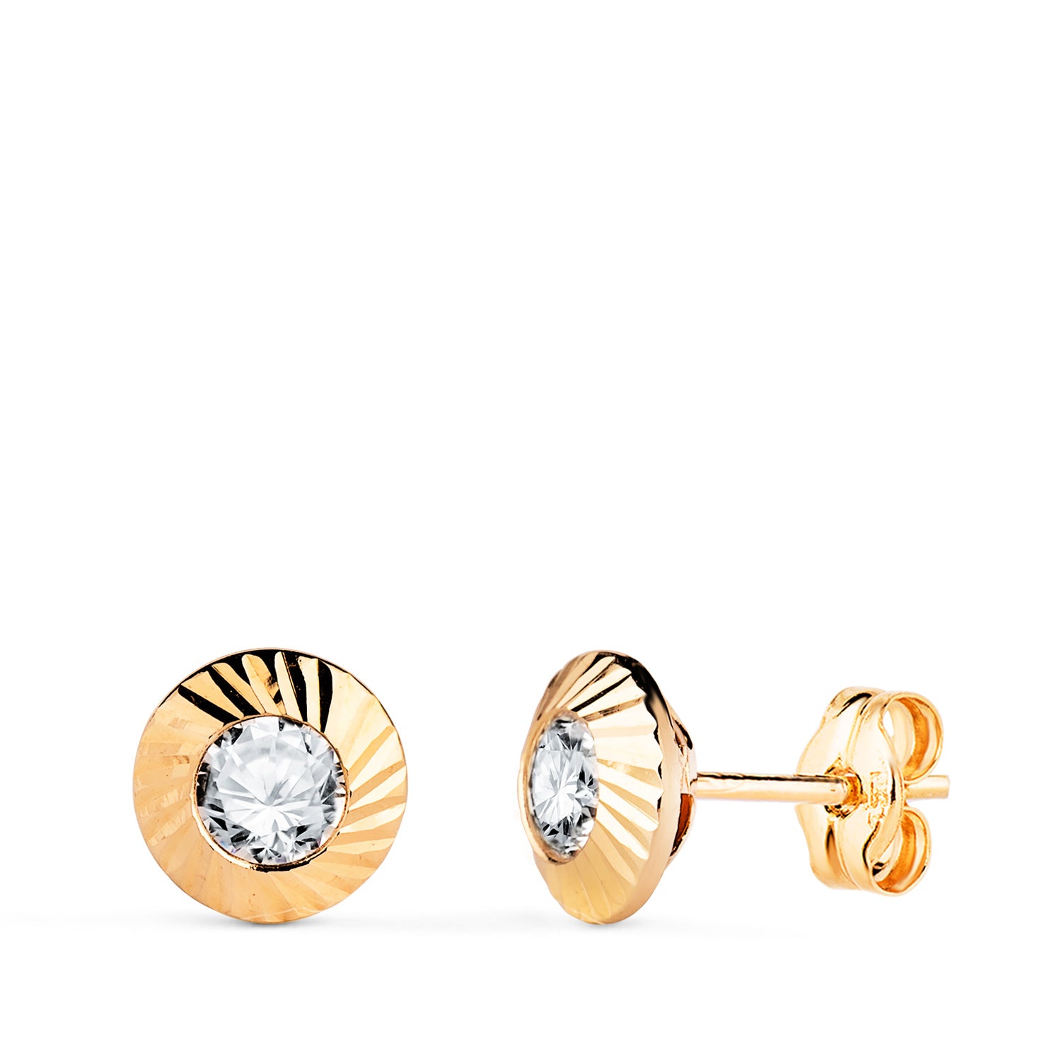 Boucles d'oreilles Rondes en Or Jaune 18K avec Bordure en Zircone Sculptée Mesure : 7MM Fermoir Poussettes Papillon