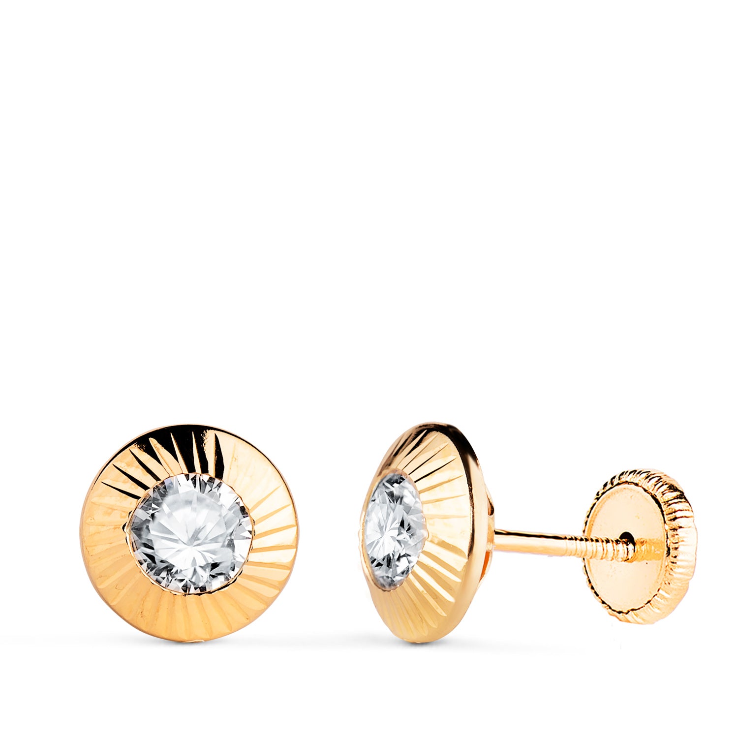 Boucles d'oreilles Rondes en Or Jaune 18K avec Bordure en Zircone Sculptée Mesurant : 9MM Fermoir a Vis