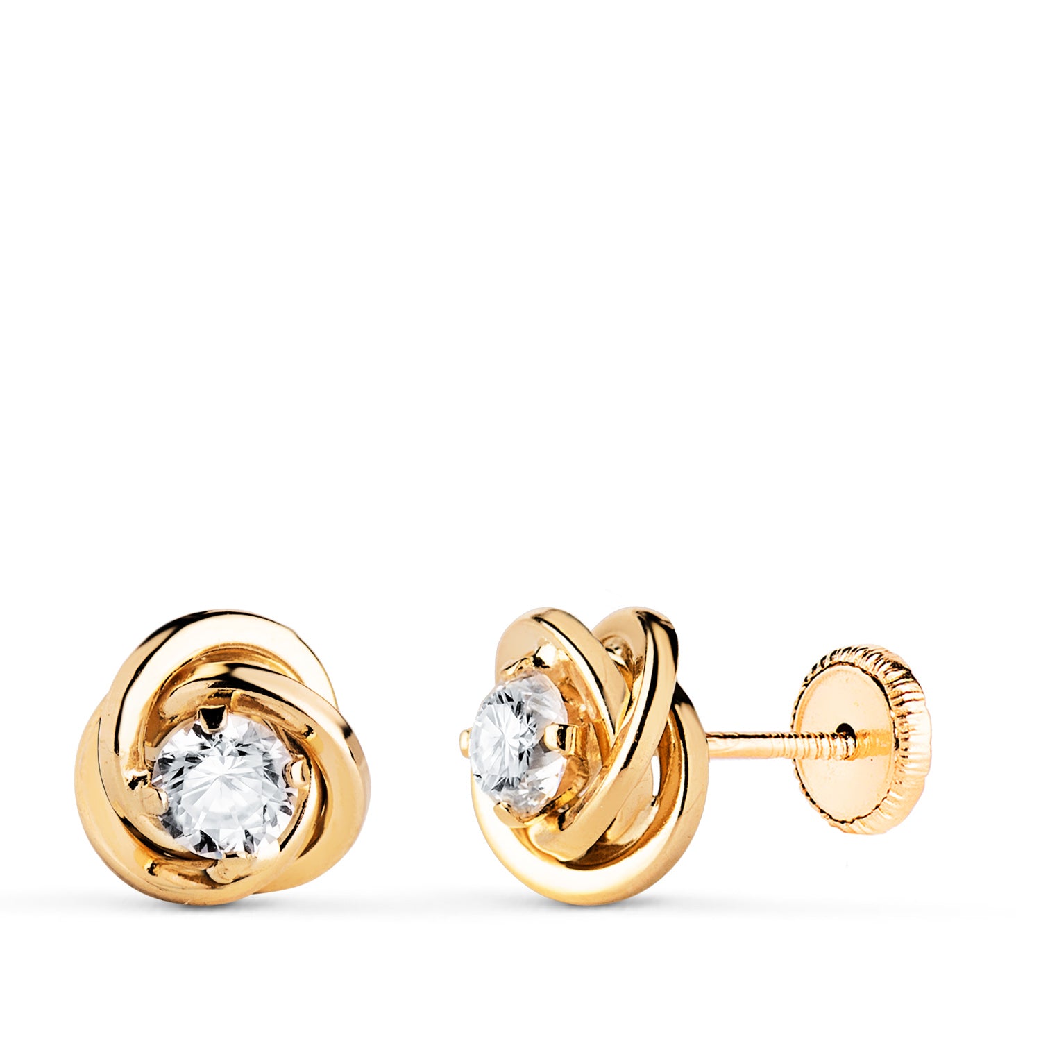 Boucles d'oreilles Or Jaune 18K Noeud avec Zircon Taille : 8X8 mm Fermoir a Vis