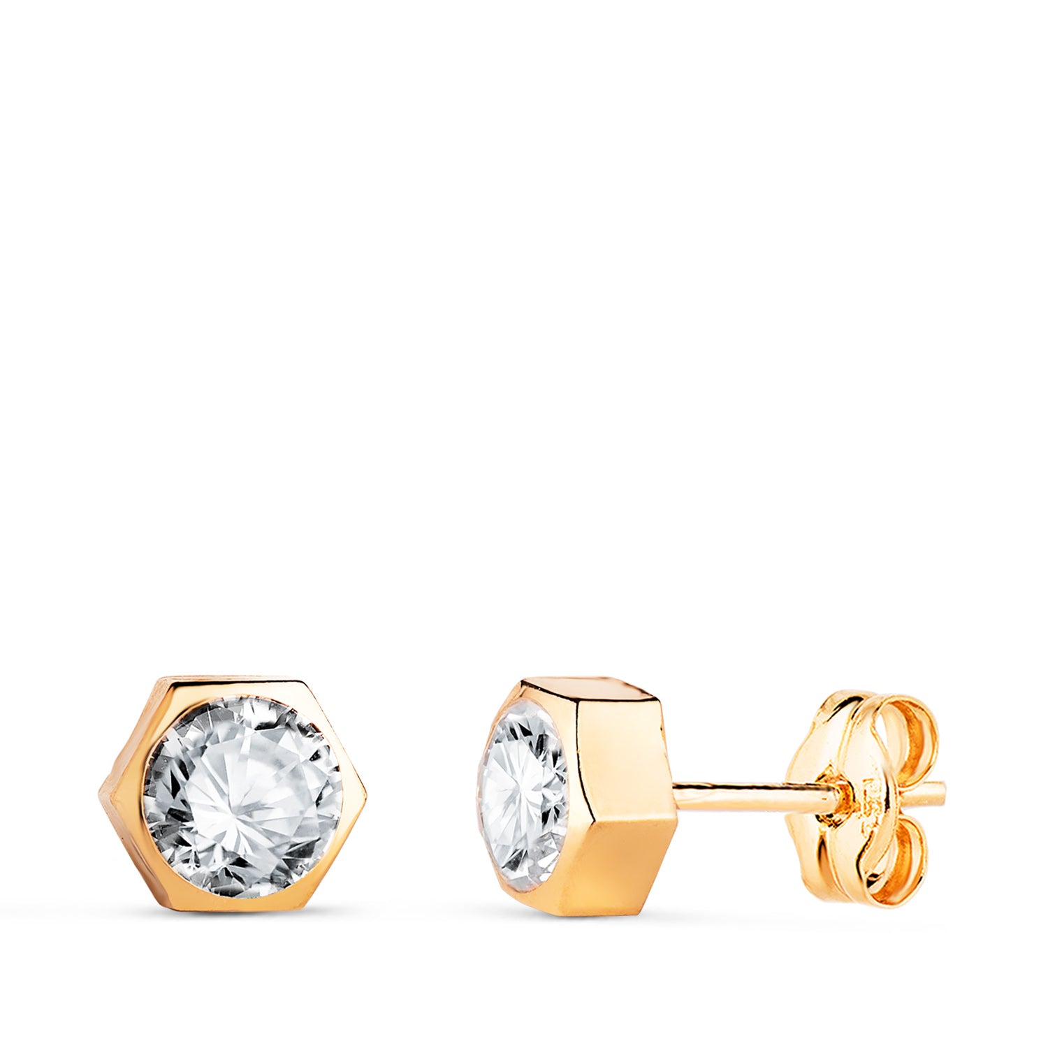Boucles d'oreilles en Or Jaune 18K Hexagone avec Zircon Taille : 6 X 5,5 mm Fermoir Poussettes Papillon