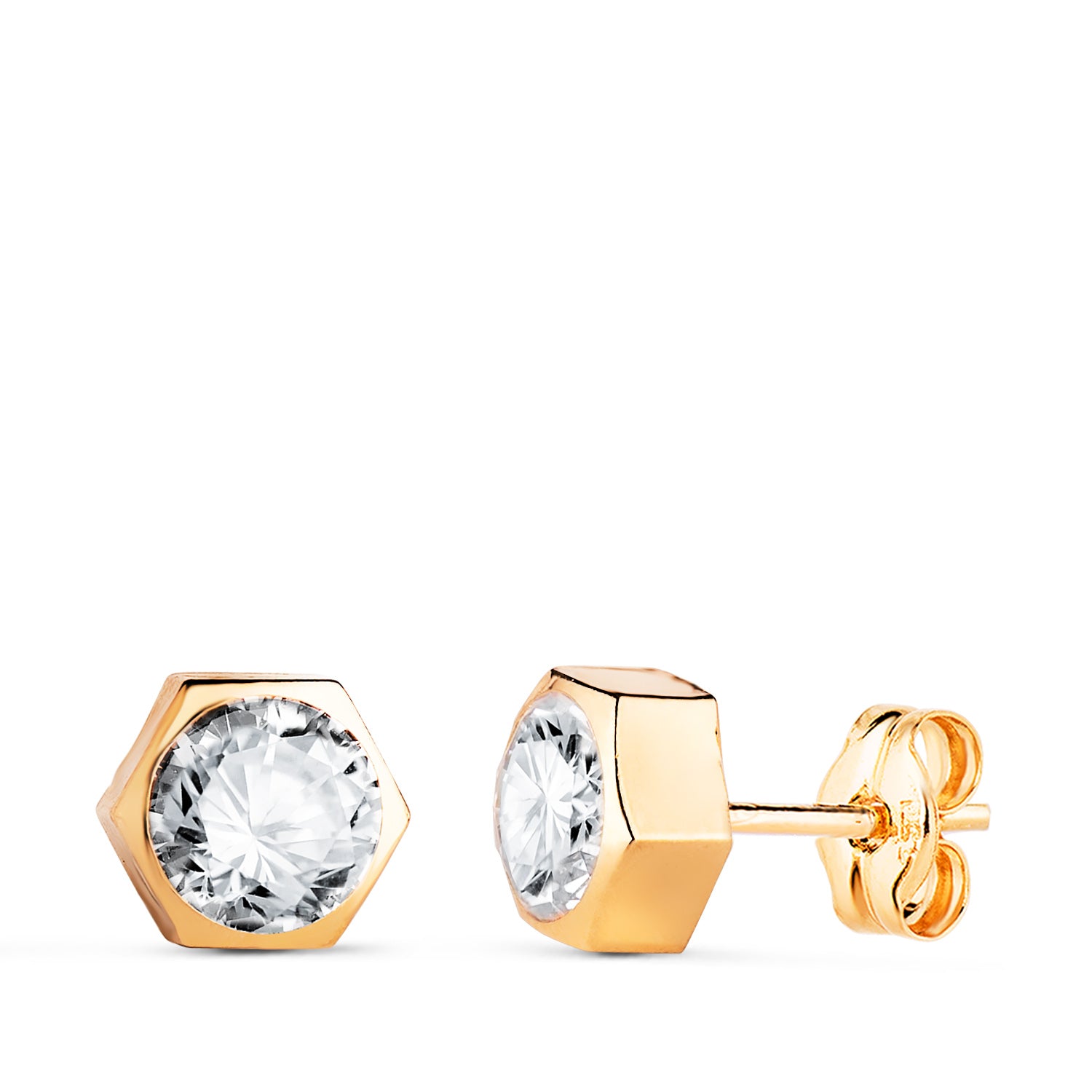 Boucles d'oreilles en Or Jaune 18K Hexagone avec Zircon Taille : 7 X 6,5 mm Fermoir Poussettes Papillon