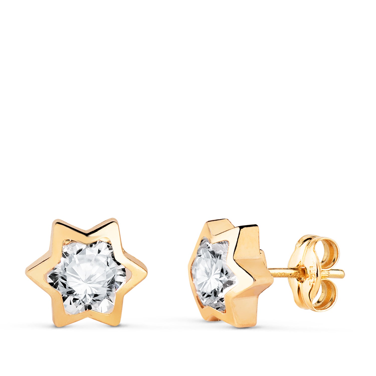 Boucles d'oreilles en Or Jaune 18K Étoile avec Zirconia Taille : 8X7 mm Fermoir Poussettes Papillon