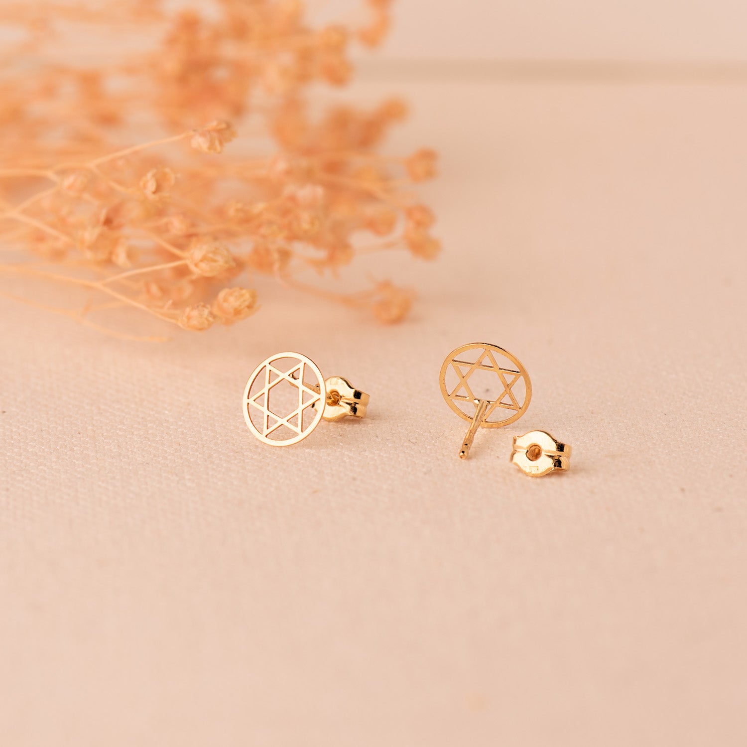 Boucles d'oreilles Or Jaune 18K Étoile Ronde de David Pulie 8 mm Fermoir Fermoir Pousseettes Papillon