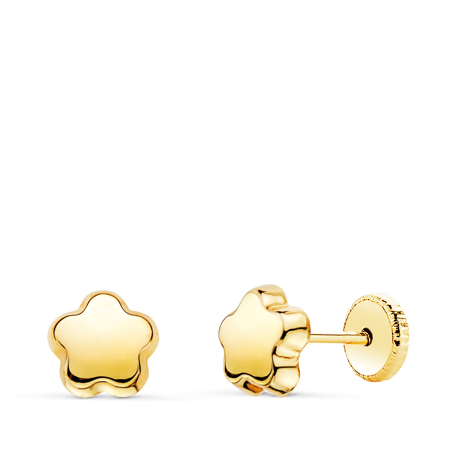 Pendientes Oro Amarillo 18K Flor Lisa Cierre Tuerca 6 X 6 mm