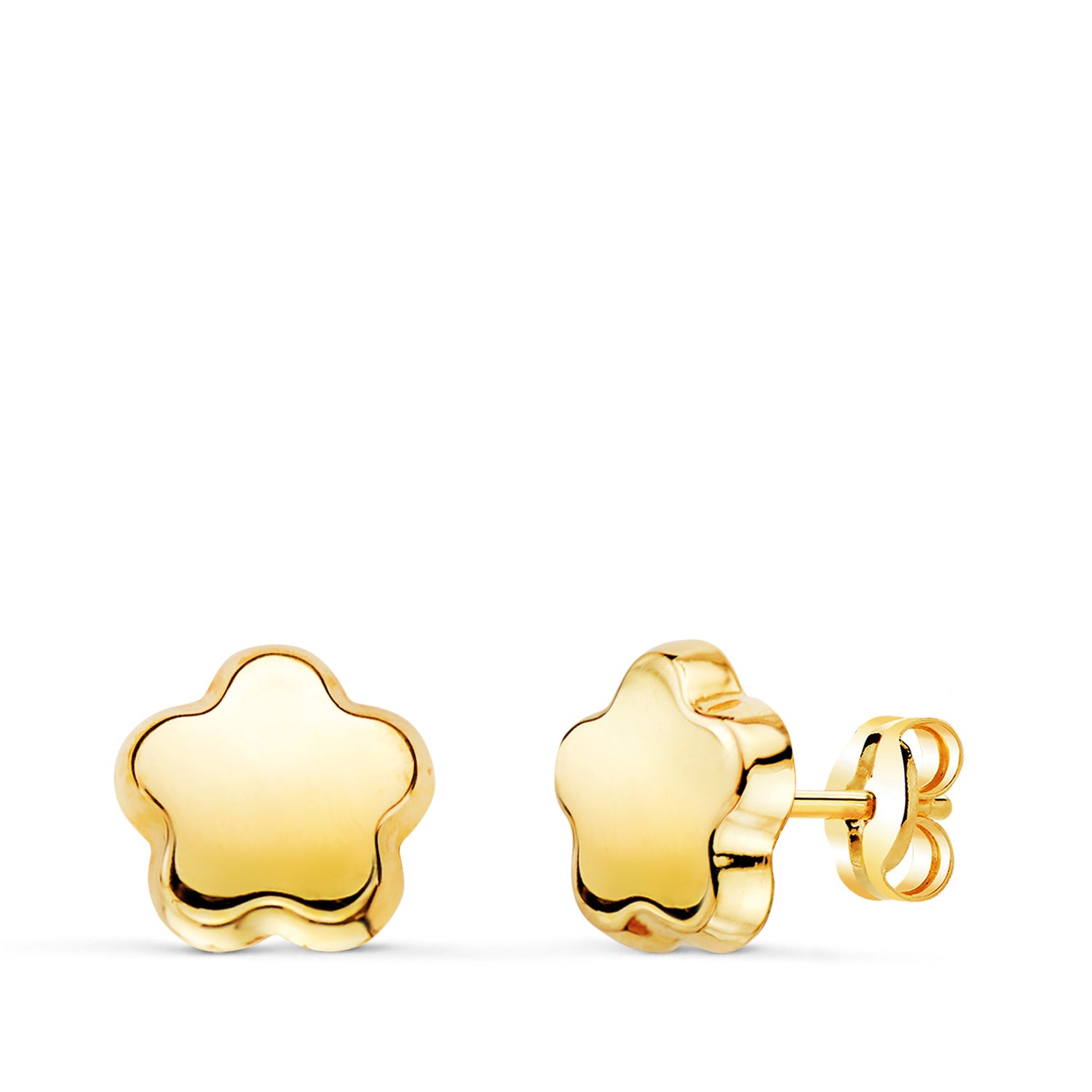 Glatte blomsterøreringe 18K gul guld 7,5 X 7,5 mm tryklås