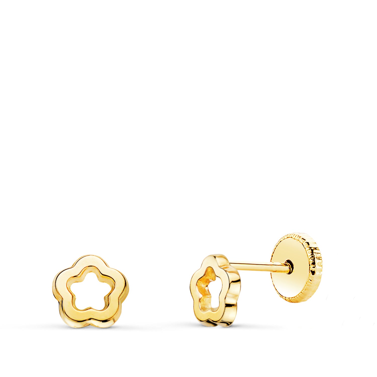 Boucles d'oreilles Or Jaune 18K Ouverture Fleur Brillante 5 X 5 mm Fermeture Écrou